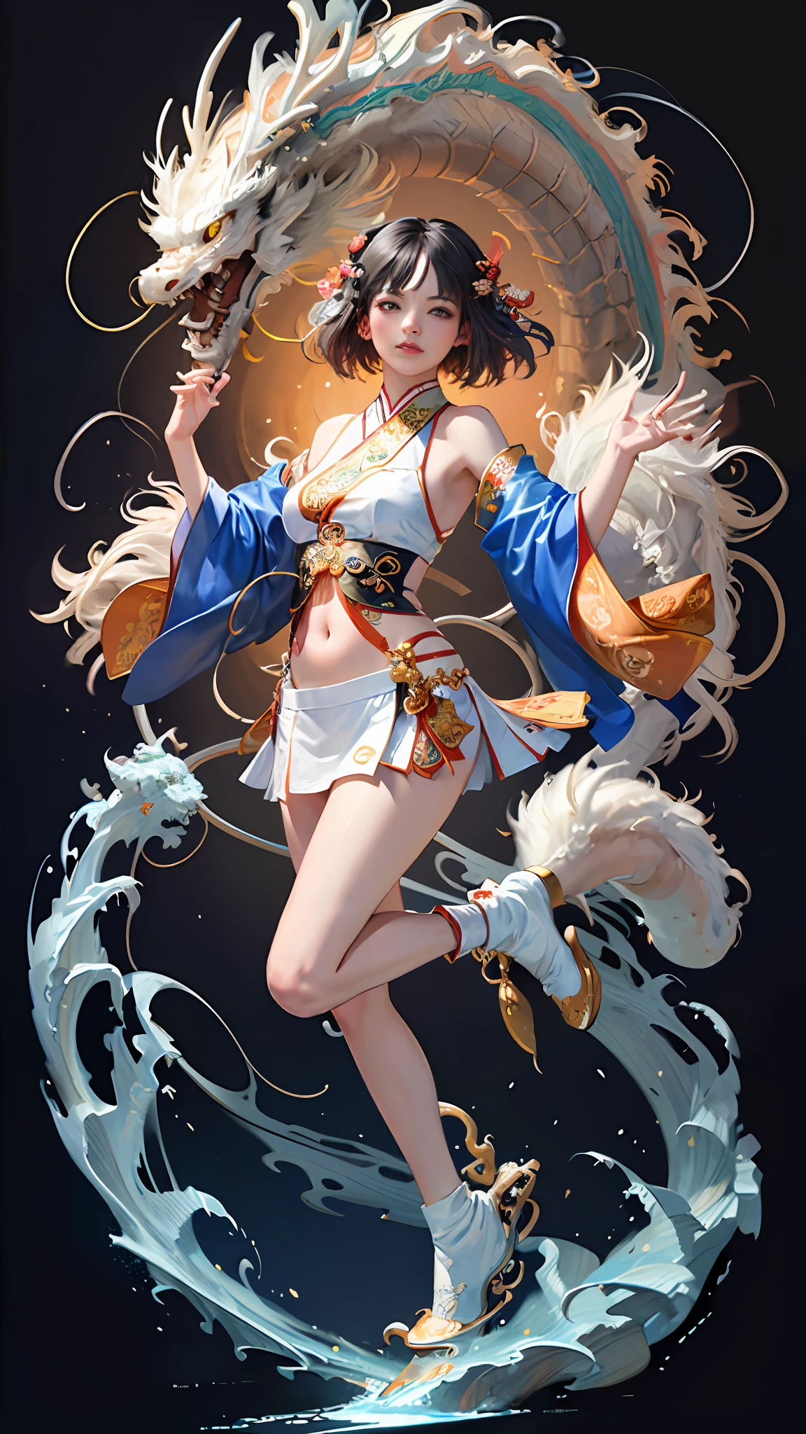 Official Art, Unified 8K Wallpapers, Ultra Detailed, Beautiful and Aesthetic, Masterpiece, Best Quality, (Zentangle, Tangle, Entangle), (fractal art: 1.4), 1girl, black hair, Chinese, bare shoulders, short skirt, calf, navel, very detailed, dynamic angle, cowboyshot, (most beautiful form chaos), flowing, (bright colors), oc, (half: 1.2), china, (thangka flying sky: 1.5), (ribbon: 1.3), (dream: 1.5), (hanfu: 1.5), Chinese dragon, Chinese phoenix, (smile: 0.5), (Chinese deity),