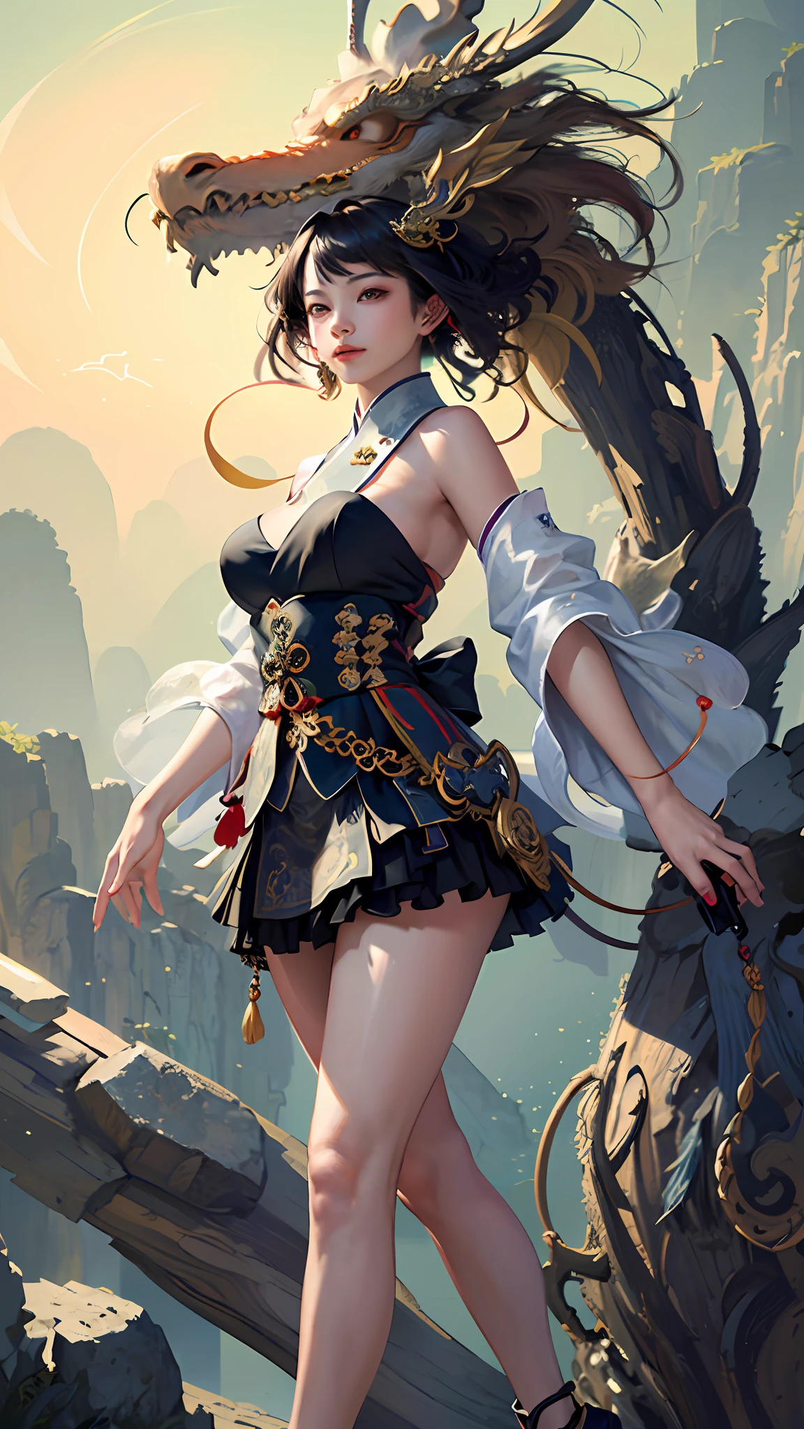 Official Art, Unified 8K Wallpapers, Ultra Detailed, Beautiful and Aesthetic, Masterpiece, Best Quality, (Zentangle, Tangle, Entangle), (fractal art: 1.4), 1girl, black hair, Chinese, bare shoulders, short skirt, calf, navel, very detailed, dynamic angle, cowboyshot, (most beautiful form chaos), flowing, (bright colors), oc, (half: 1.2), china, (thangka flying sky: 1.5), (ribbon: 1.3), (dream: 1.5), (hanfu: 1.5), Chinese dragon, Chinese phoenix, (smile: 0.5), (Chinese deity),