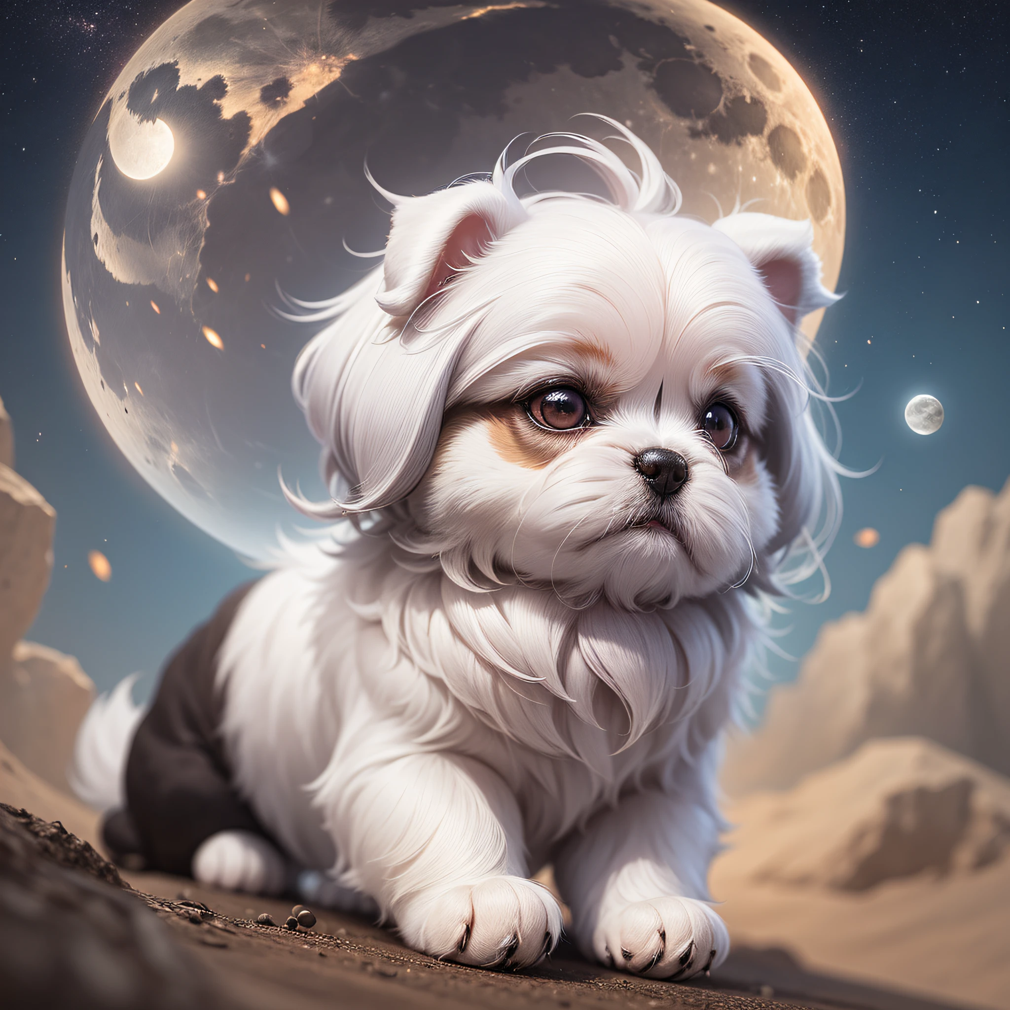 small dog of the Lhasa breed, white hair looking at the moon at the end of the day --auto --s2