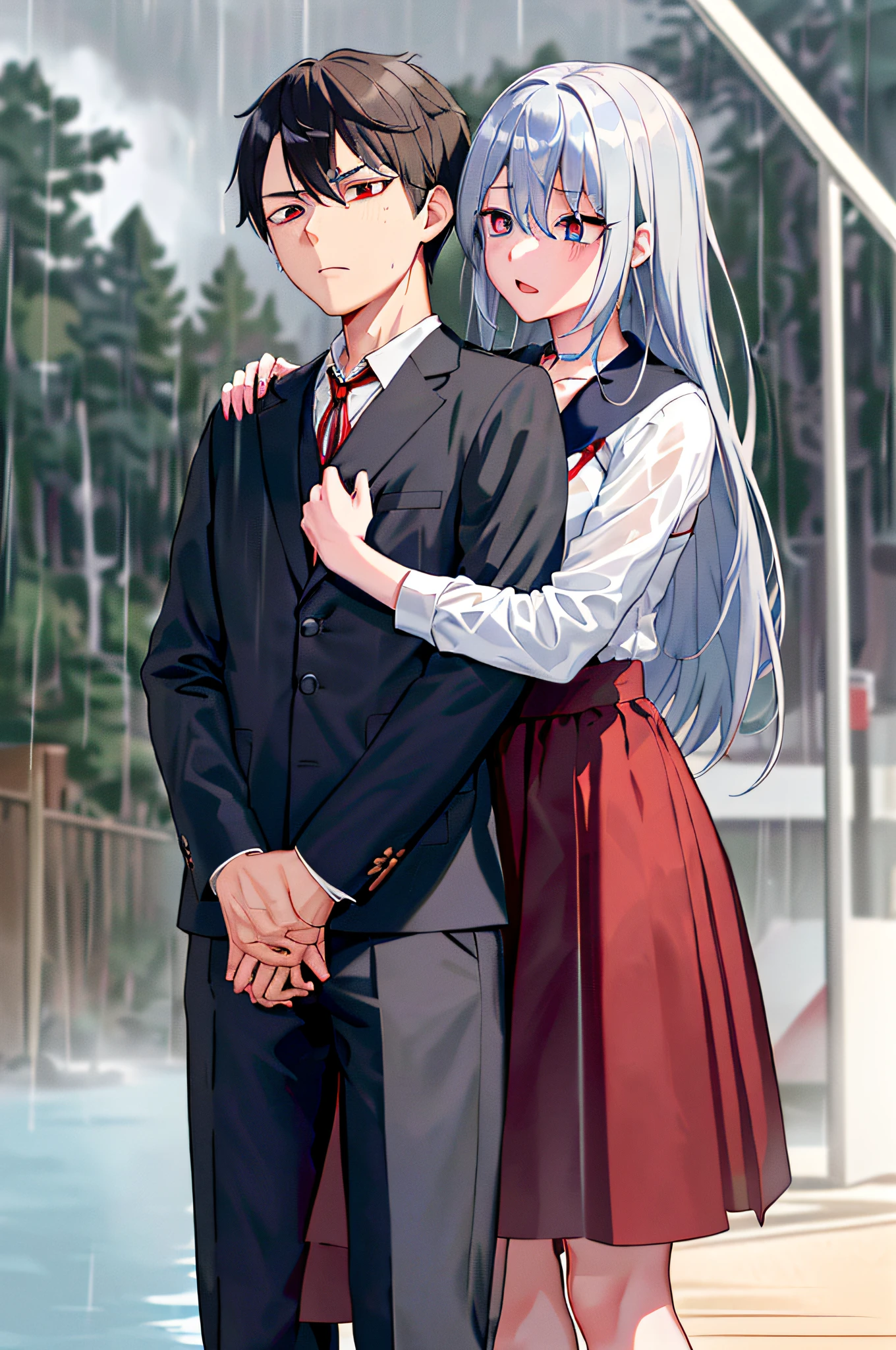 (masterpiece), (best quality), highres, ((((1girl she has gray hair with blue eyes and 1boy he has short black hair with red eyes who are classmates))))), ((((They have different hair colors and eyes do not confuse)))), (draws Kei and kiyotaka ayanokoji looking at each other), (2schoolmates who are Kei and kiyotaka ayanokoji looking at each other), (kei1), (1girl), solo, ((((((she has blue eyes))))), (she has long hair), (she wears a school uniform), (she has ribbon), (she has bangs), collarbone, she has gray hair, she has black hair band, she has neck ribbon, hair between her eyes, she has medium breasts, cowboy shot, she is looking seriously at kiyotaka ayanokoji, anatomically correct whole body, is standing in the street with rain falling, this with a sad and worried face, full stubborn detached, (1boy), (kiyotaka ayanokoji), 15 year old, school uniform white shirt black jacket open jacket red tie long black pants sitting, (((((he has red eyes))))), ((he has short black hair)), whole body anatomically correct, he has a necklace of jesus around his neck, normal legs, wears black shoes, (he's looking at Kei1 or the girl), ((he's in front of kei wanting to give her his black jacket so she doesn't get wet so much)) , is facing Kei, (emotional scene), (mysterious), (detailed full escenario), (((((They're soaking with a lot of passion and hugging))))), ((((They're being wet by the rain along with their clothes)))), ((Their bodies are anatomically correct and detailed, with no errors in the hands))