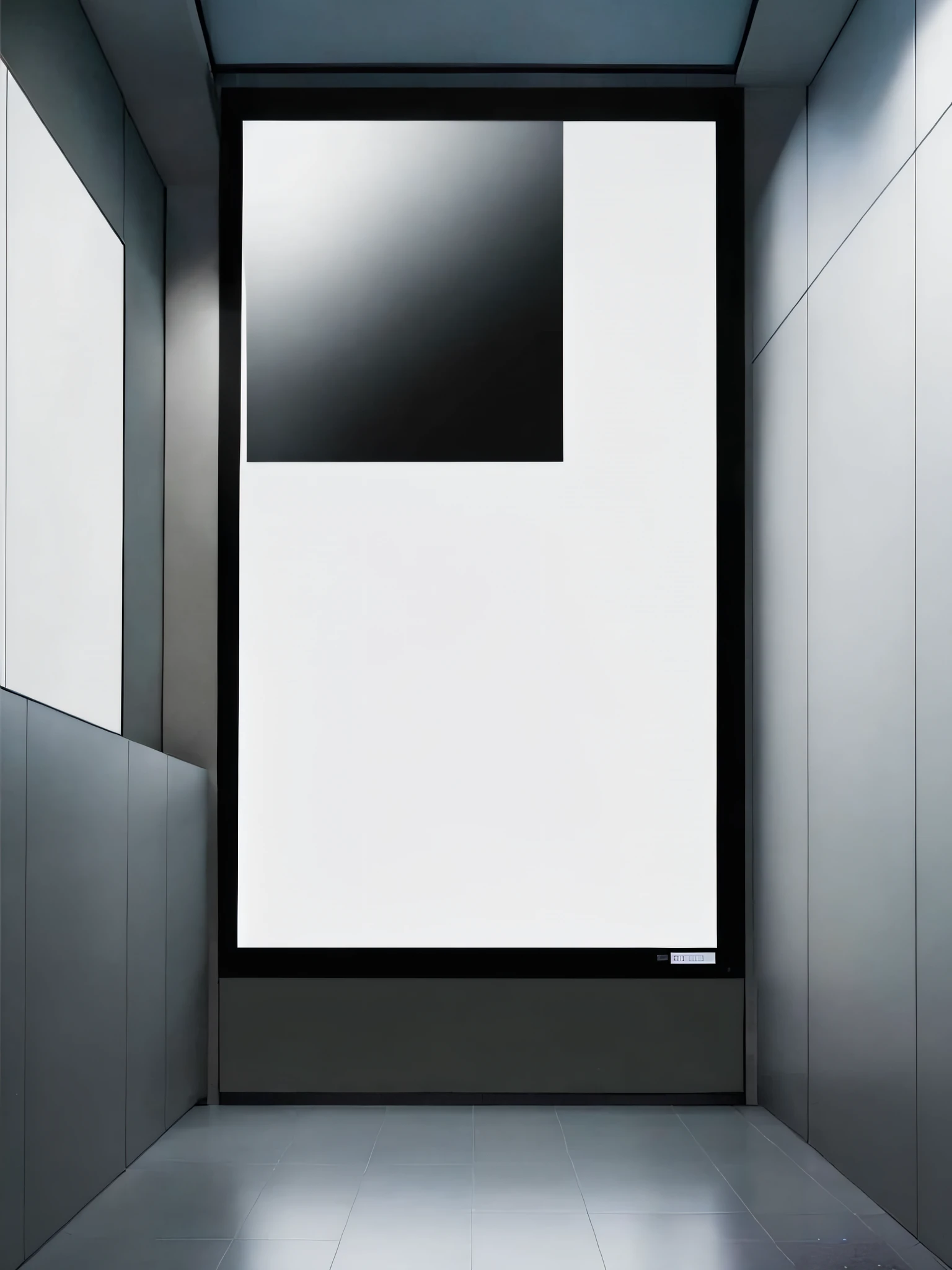 picture of a blank billboard in a public space, vertical movie frame, large vertical blank spaces, movie poster with no text, light frame, metal framed portal, panel of black, plasma display, inside a frame on a tiled wall, full view blank background, black border, blank background, screens, white space in middle, black oled background, New Zealand metro subway.