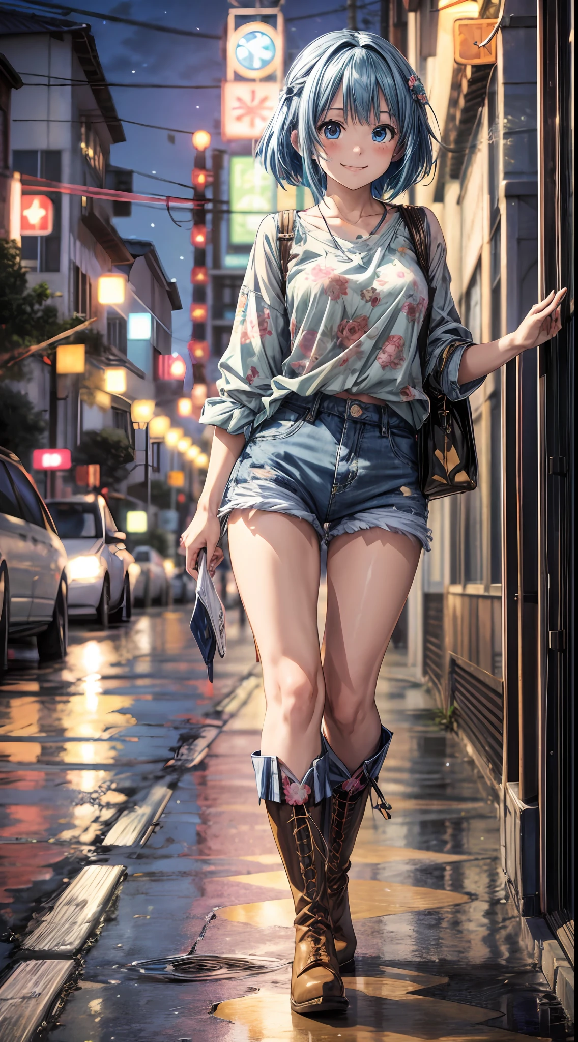 anime style, 1girl, light particles, POV, ((big smile)), ((blue eyes)), jean shorts and floral blouse, blue hair down, boots, wet floor, at night, vibrant colors, (high quality), high definition, 8k, masterpiece