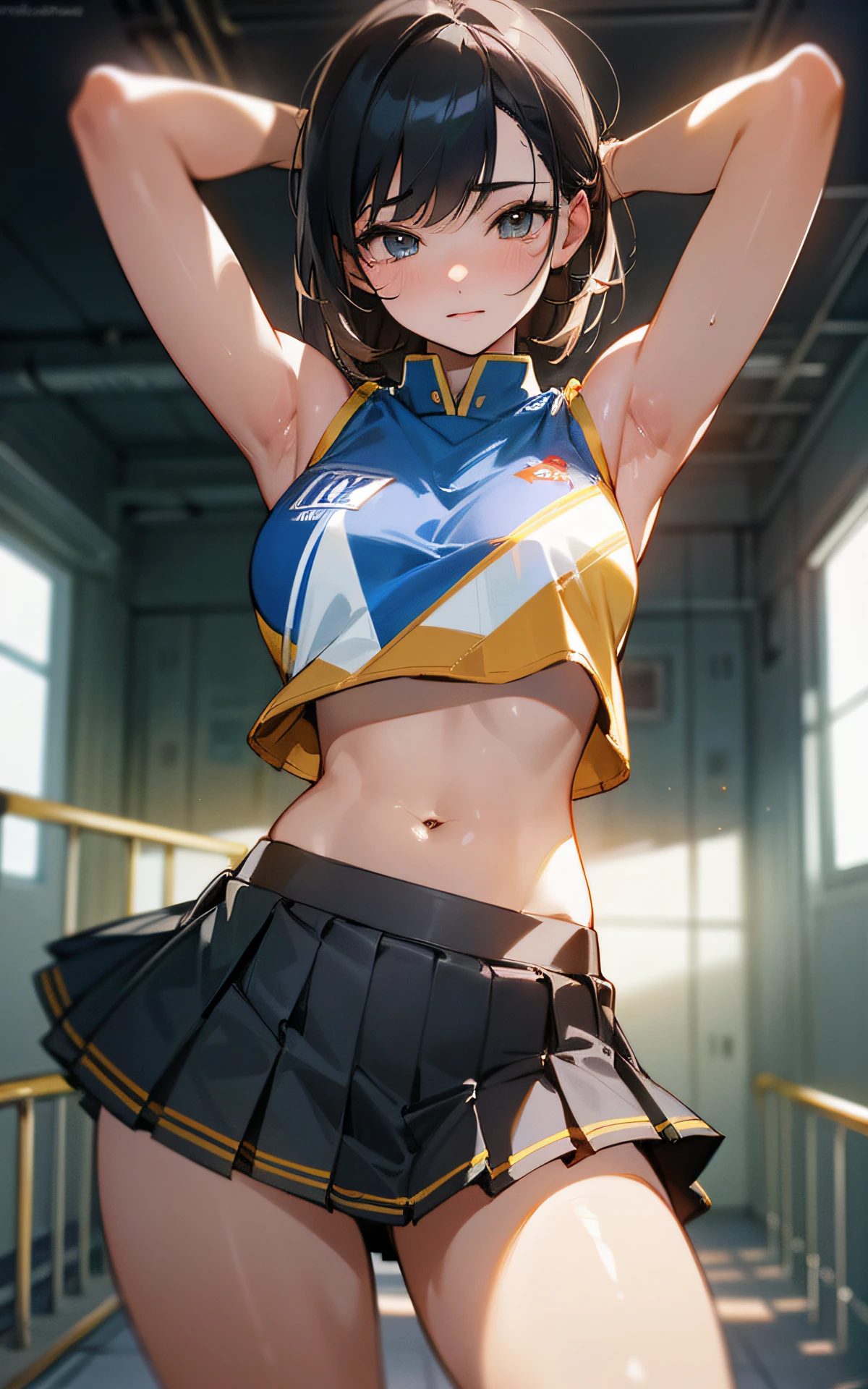 (Original Character、Unity 16K Wallpaper, Masterpiece, Best Quality, Ultra-Detailed, Extremely Detailed CG, Caustics, Cinematic Lighting, Detailed, Beautiful Detailed Eyes, NSFW:1.8, solo、oily skin、18yers old), Ultra High Resolution, fine skin, (cheerleader, clothes writing, crop top, sleeveless shirt, midriff, miniskirt, pleated skirt), (strong light)、((brighten the subject))