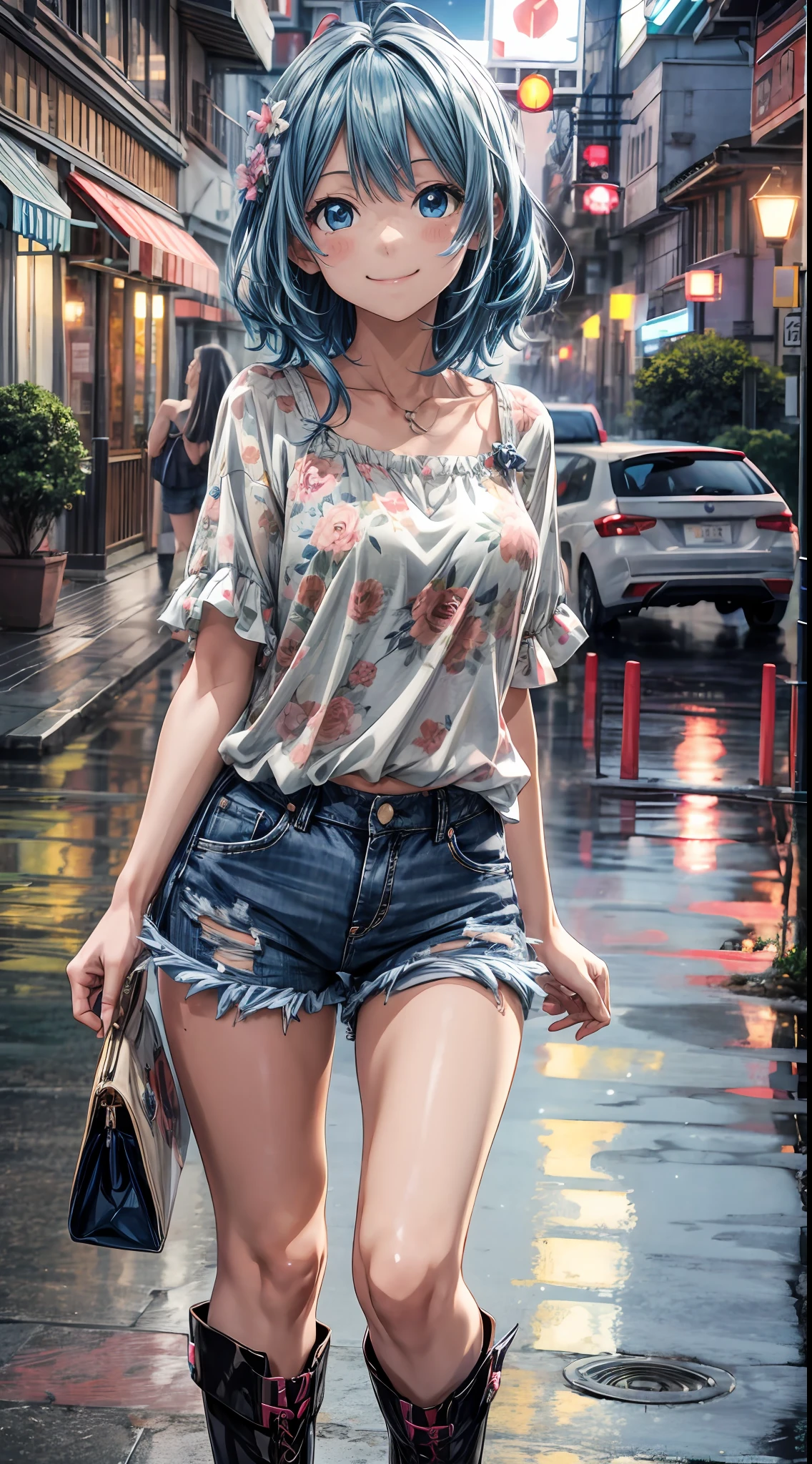 anime style, 1girl, light particles, POV, ((big smile)), ((blue eyes)), jean shorts and floral blouse, blue hair down, boots, wet floor, at night, vibrant colors, (high quality), high definition, 8k, masterpiece
