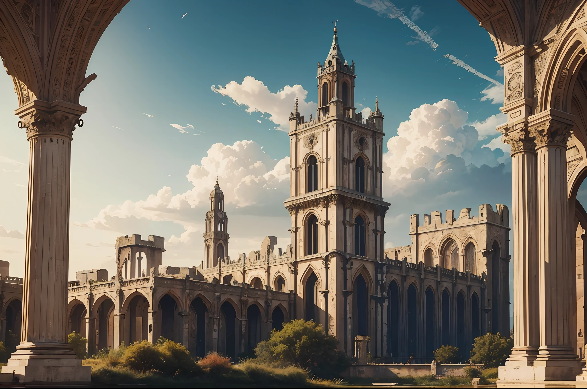 nohuman, illustration, photoreal, live action, Masterpiece, best quality, Fantastic, baroque architecture background, medieval city, tower, ruins, collapse, severe weathering, distant view