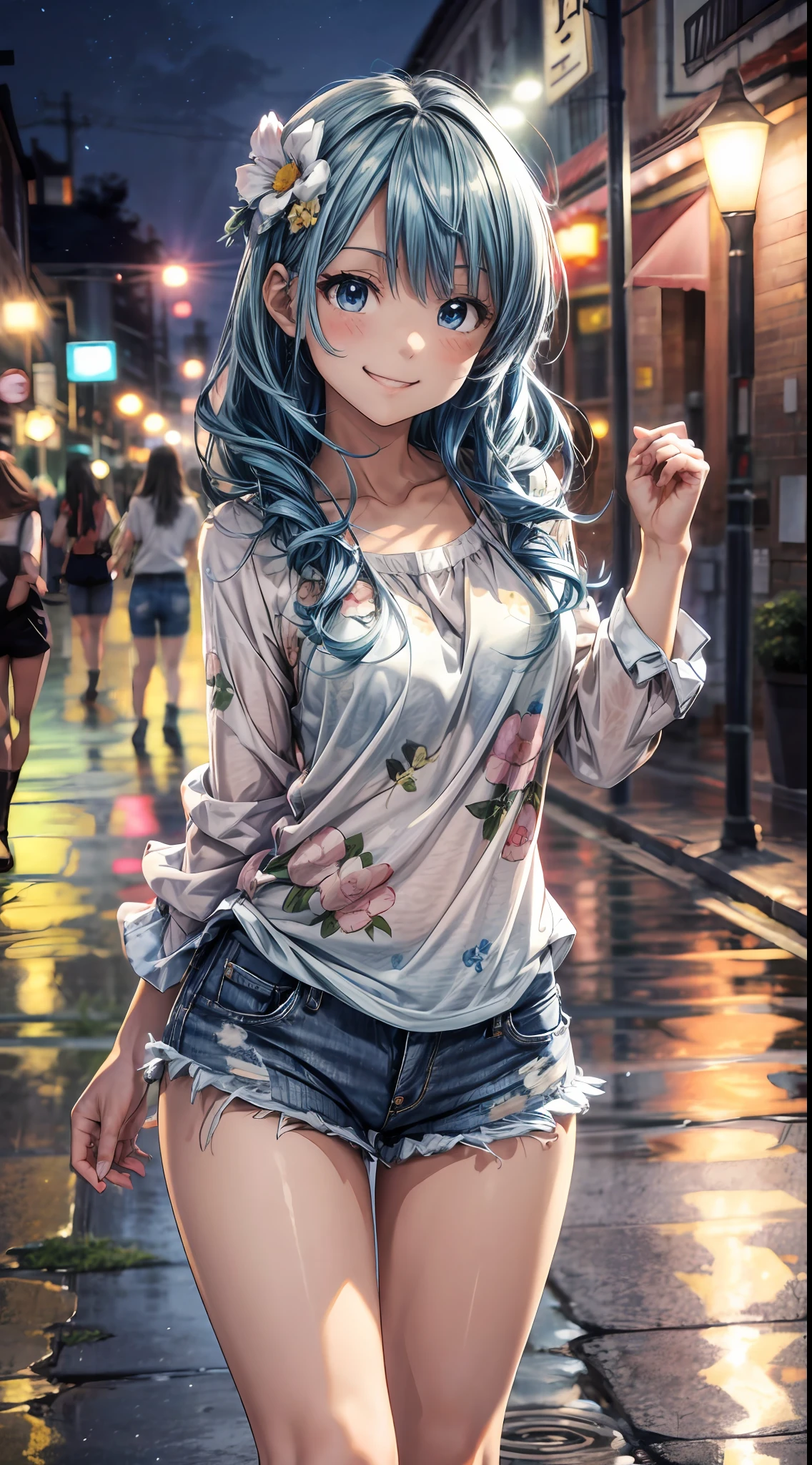 anime style, 1girl, light particles, POV, ((big smile)), ((blue eyes)), jean shorts and floral blouse, blue hair down, boots, wet floor, at night, vibrant colors, (high quality), high definition, 8k, masterpiece