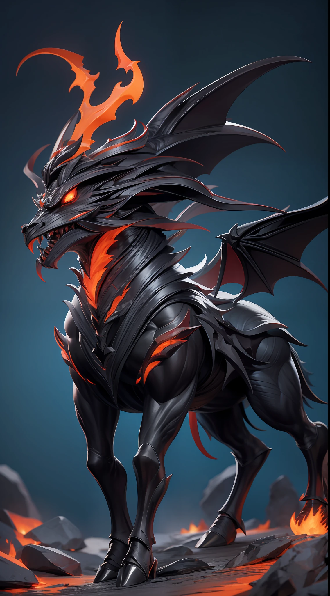 full body picture Unreal Engine 5 8K UHD of demon centaur, fantasy world, demon general, fire breath, black skin with rocks details, magma blood veins, commanding demon minions, black wings with burning effects, shiny orange eyes, demonic face best quality, masterpiece