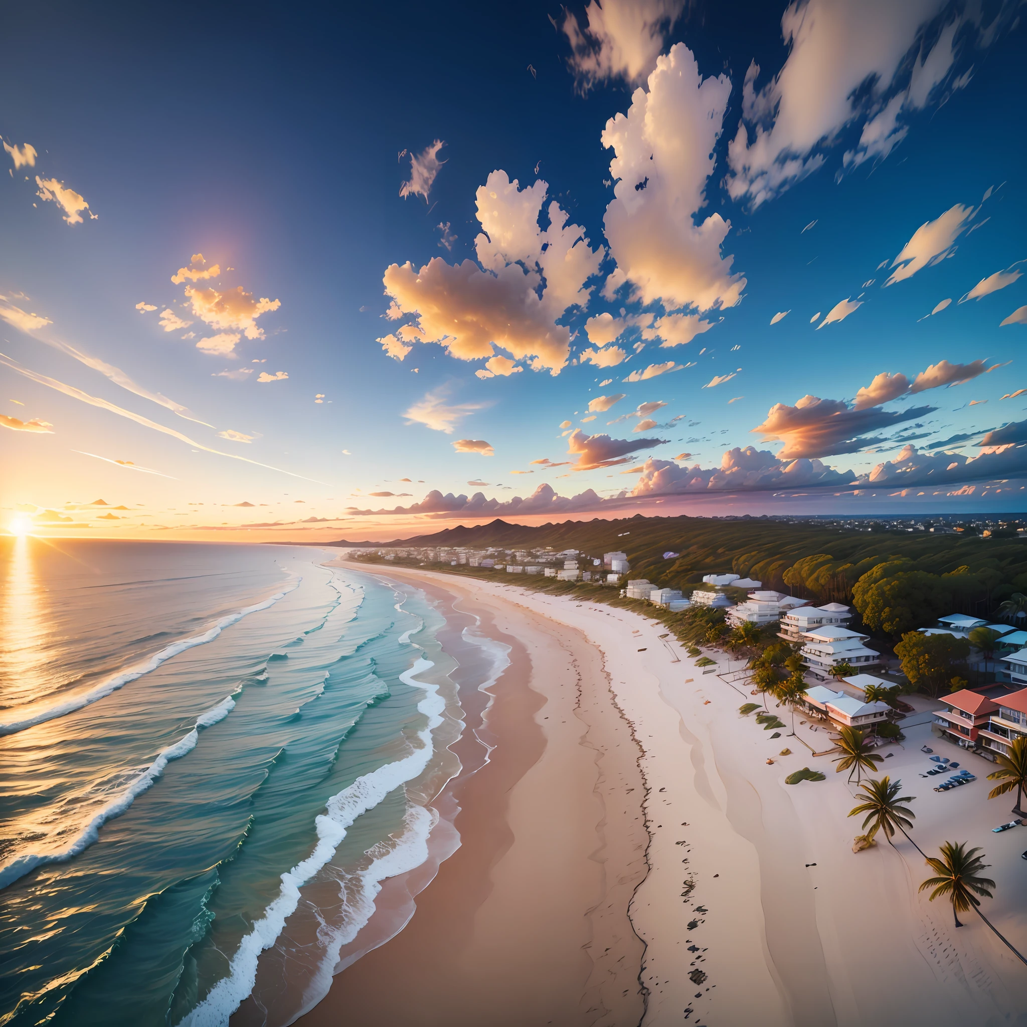 aerial photograph of a tropical beach in the early morning. Sunrise, lens flare. --auto --s2
