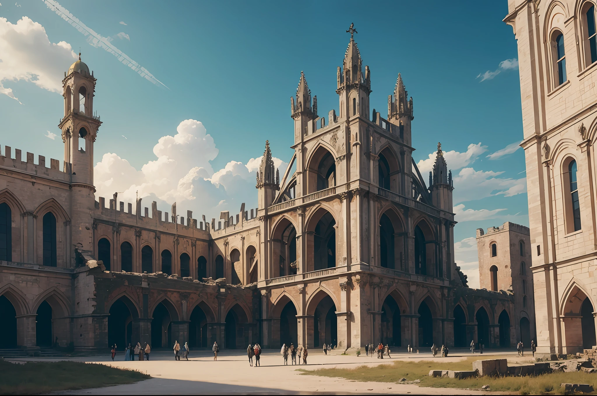 nohuman, illustration, photoreal, live action, Masterpiece, best quality, Fantastic, baroque architecture background, medieval city, tower, ruins, collapse, severe weathering, distant view