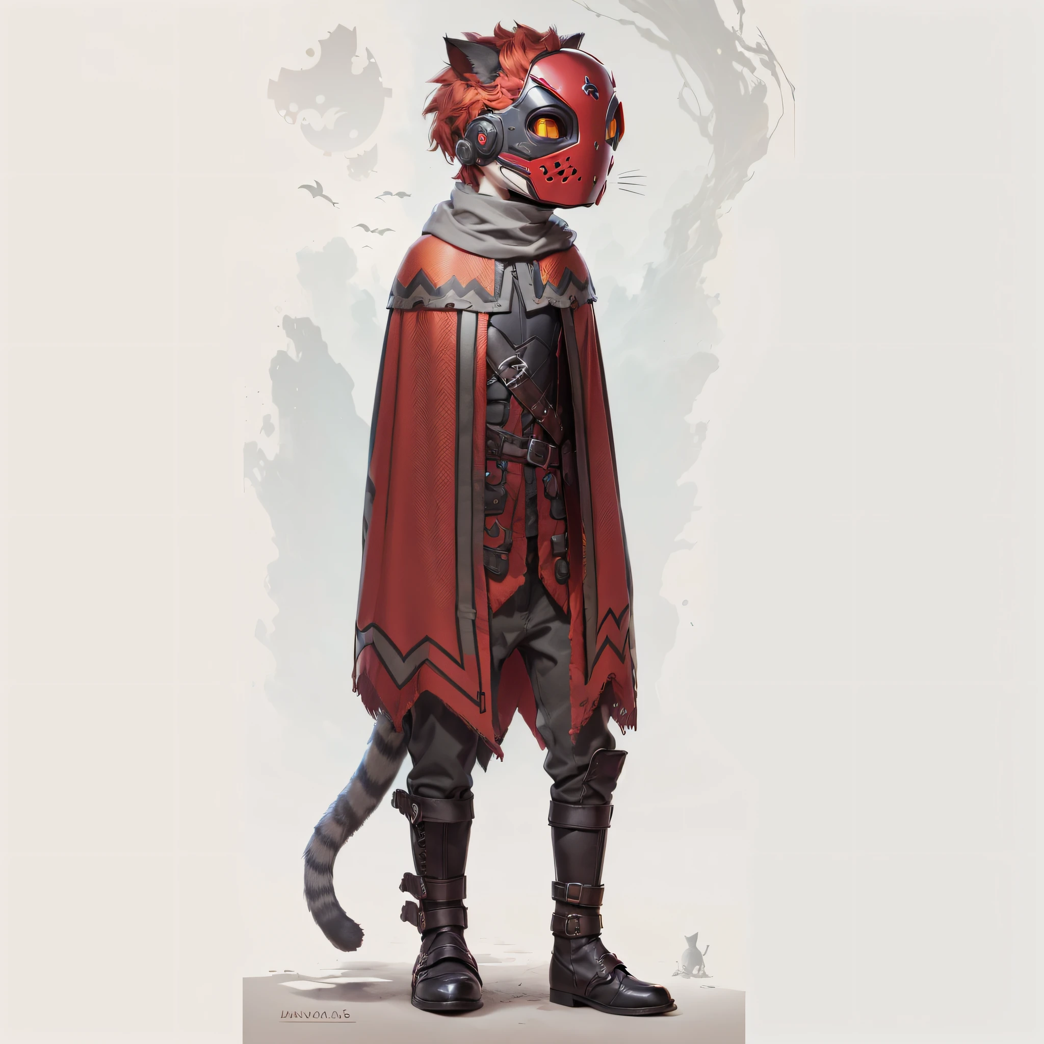 an adventurous traveling boy, red cloak, desert hunter, ((half boy half cat)), (((anthropomorphic cat)))), ((gray cat fur)), protective underwear, long leather boots tied, ((cat ears)), ((cat's tail)), burgundy colored hair, red hair, ((opaque ochre metal mask divided into 2 parts, skull of the face and jaw)), ((mask of a turtle's head)),  (mask with 2 large and 2 small eyes), (turtle theme mask), ((underwear in dark gray colors))