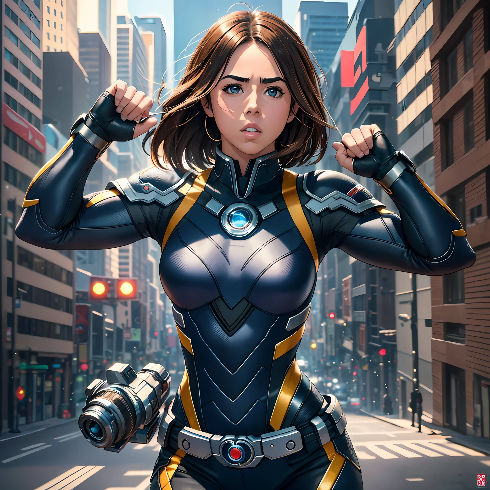 (8k, RAW photo, best quality, masterpiece: 1.2), ultra detailed, official art, photo-realistic: 1.37, upper body shot, Tremor wonder, Chloe Bennet, film grain, action pose --auto --s2