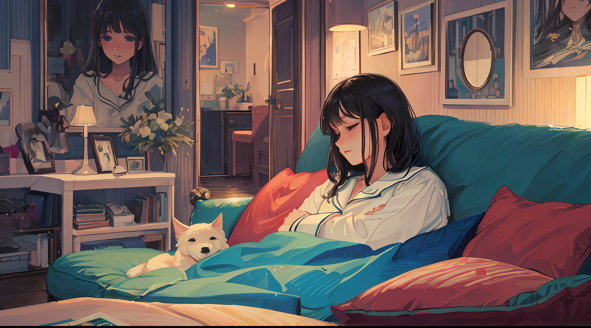 (Best Masterpiece), (Best Quality), (Super Detailed), (Well-groomed Hair), (Illustration), (1 Girl), (Interview), (Detailed Background), Beautiful Detailed Eyes, Delicate Beautiful Face, (High Saturation), Focus on Face, Black Hair, Bangs, Impressive, Short Hair, Girl, Maiden in Love, pixiv Illustration, Best Quality, Super Detailed, Shameful, Beautiful Face, 4K, Neat, Best Quality, Beautiful Eyes, Mauscule, Young, Moist eyes, blushing cheeks, sober, shame, 8K, profile, sofa, sleep, beautiful sleeping face, bedtime, pajamas, night, comfortable sleeping face, late night, sleeping with dog, pitch black room, midnight, dark room, dark room,