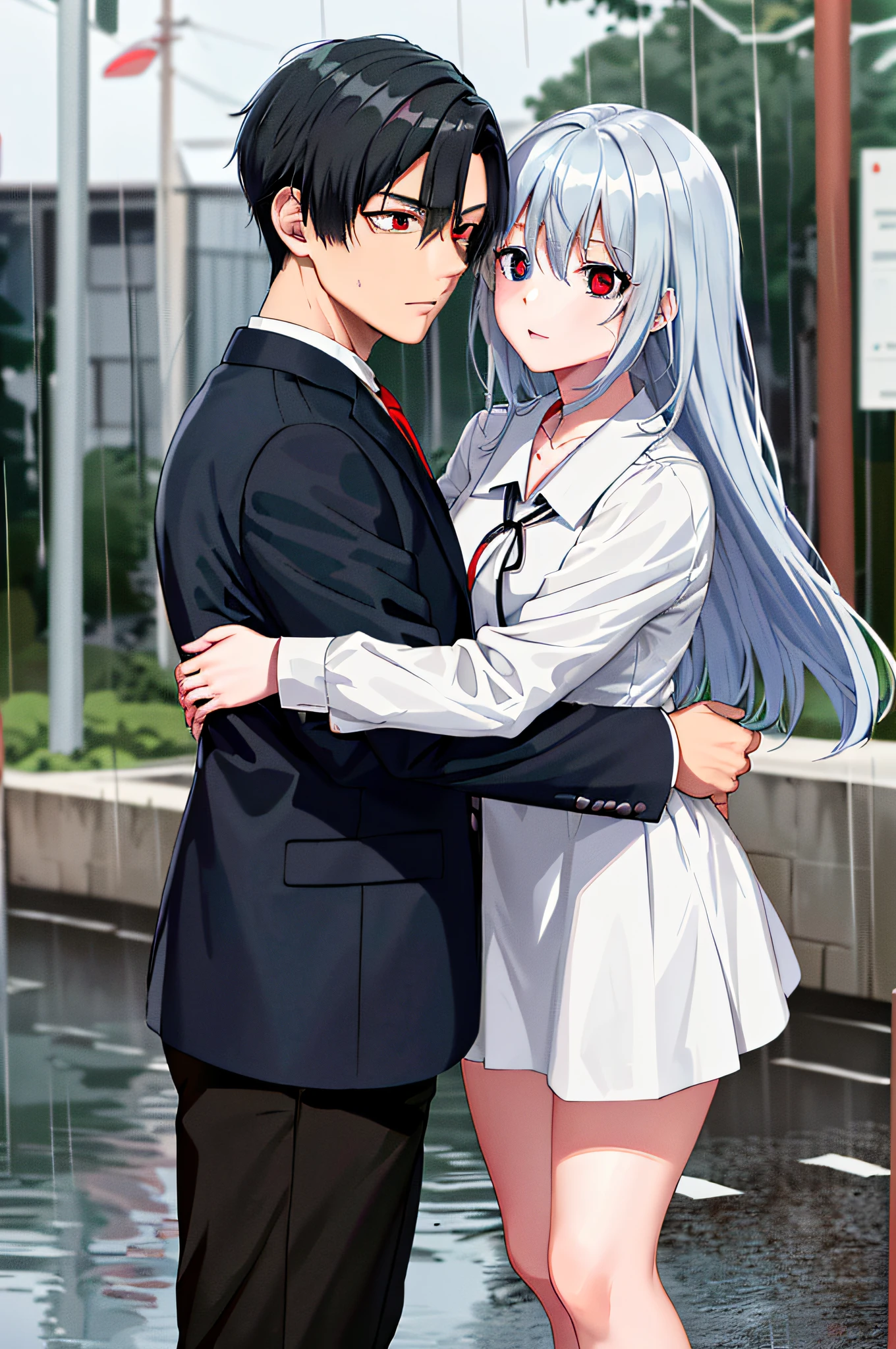 (masterpiece), (best quality), highres, ((((1girl she has gray hair with blue eyes and 1boy he has short black hair with red eyes who are classmates))))), ((((They have different hair colors and eyes do not confuse)))), (draws Kei and kiyotaka ayanokoji looking at each other), (2schoolmates who are Kei and kiyotaka ayanokoji looking at each other),  (kei1), (1girl), solo, ((((she has blue eyes)))), (she has long hair), (she wears a school uniform), (she has ribbon), (she has bangs), collarbone, she has gray hair, she has black hair band, she has neck ribbon, hair between her eyes, she has medium breasts, cowboy shot, she is looking seriously at kiyotaka ayanokoji,  anatomically correct whole body, is standing in the street with rain falling, this with a sad and worried face, full stubborn detached, (1boy), (kiyotaka ayanokoji), , school uniform white shirt black jacket open jacket red tie long black pants sitting, (((((he has red eyes))))), ((he has short black hair)), whole body anatomically correct, he has a necklace of jesus around his neck,  normal legs, wears black shoes, (he's looking at Kei1 or the girl), ((he's in front of kei wanting to give her his black jacket so she doesn't get wet so much)) , is facing Kei, (emotional scene), (mysterious), (detailed full escenario), (((((They're soaking with a lot of passion and hugging))))), ((((They're being wet by the rain along with their clothes))))