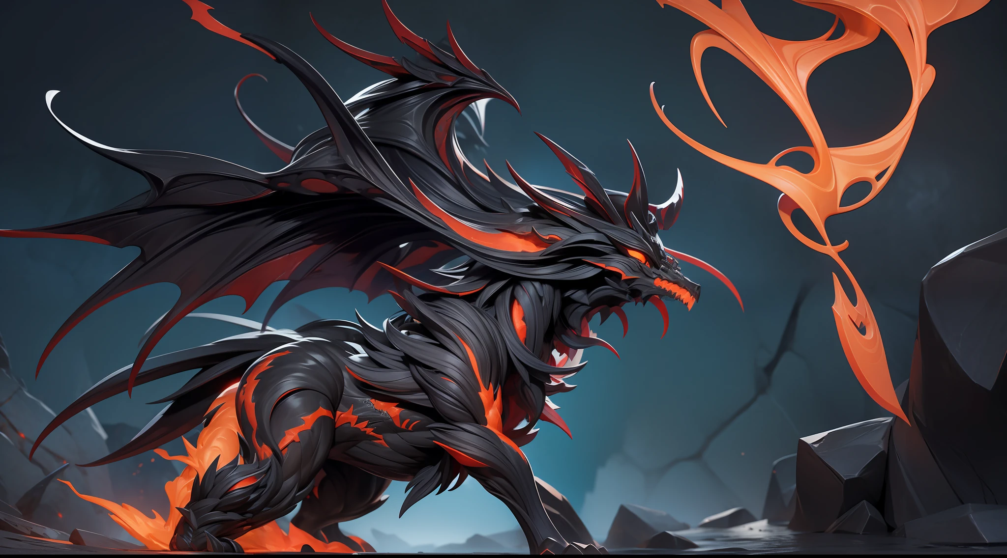 full body picture Unreal Engine 5 8K UHD of demon centaur, fantasy world, demon general, fire breath, black skin with rocks details, magma blood veins, commanding demon minions, black wings with burning effects, shiny orange eyes, demonic face best quality, masterpiece