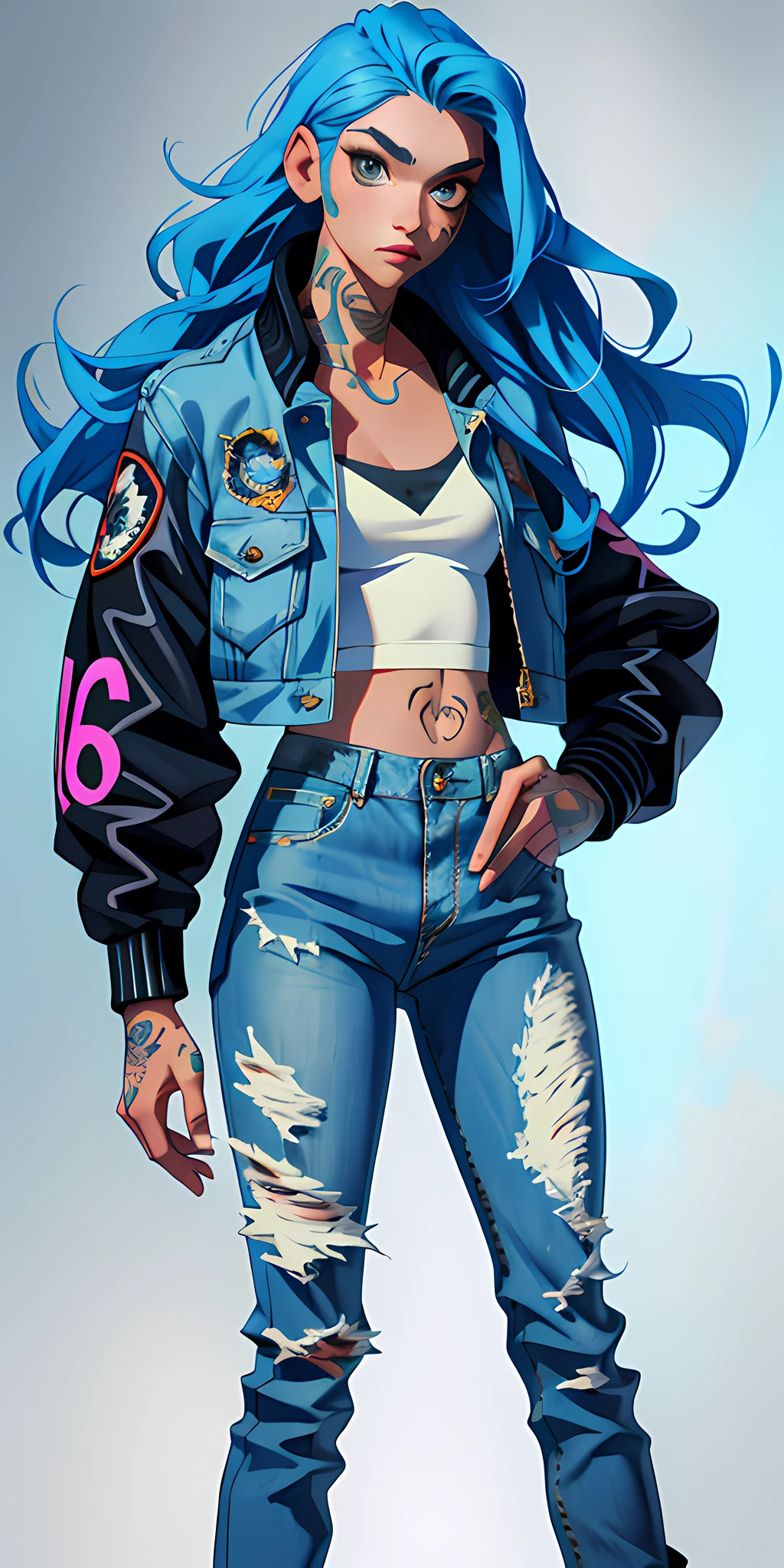 (masterpiece, best quality), 1girl, long hair, blue hair, jacket, tattoos, jeans,