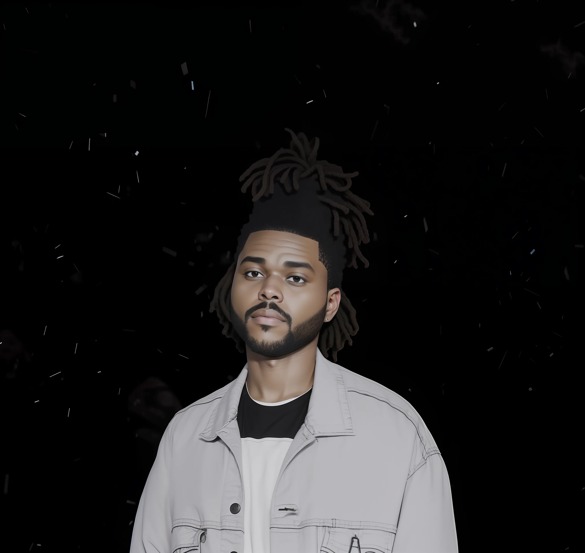 (black background:1.1, best lighting:1.2, The Weeknd:1.1, dreadlocks:1.2, denim jacket:1.1, freeforms hair style:1.3, dynamic pose:1.1) Detailed:1.2, 4k:0.9, 8k:0.95, lots of DETAIL:1.2, HD:0.9, realistic:1.1