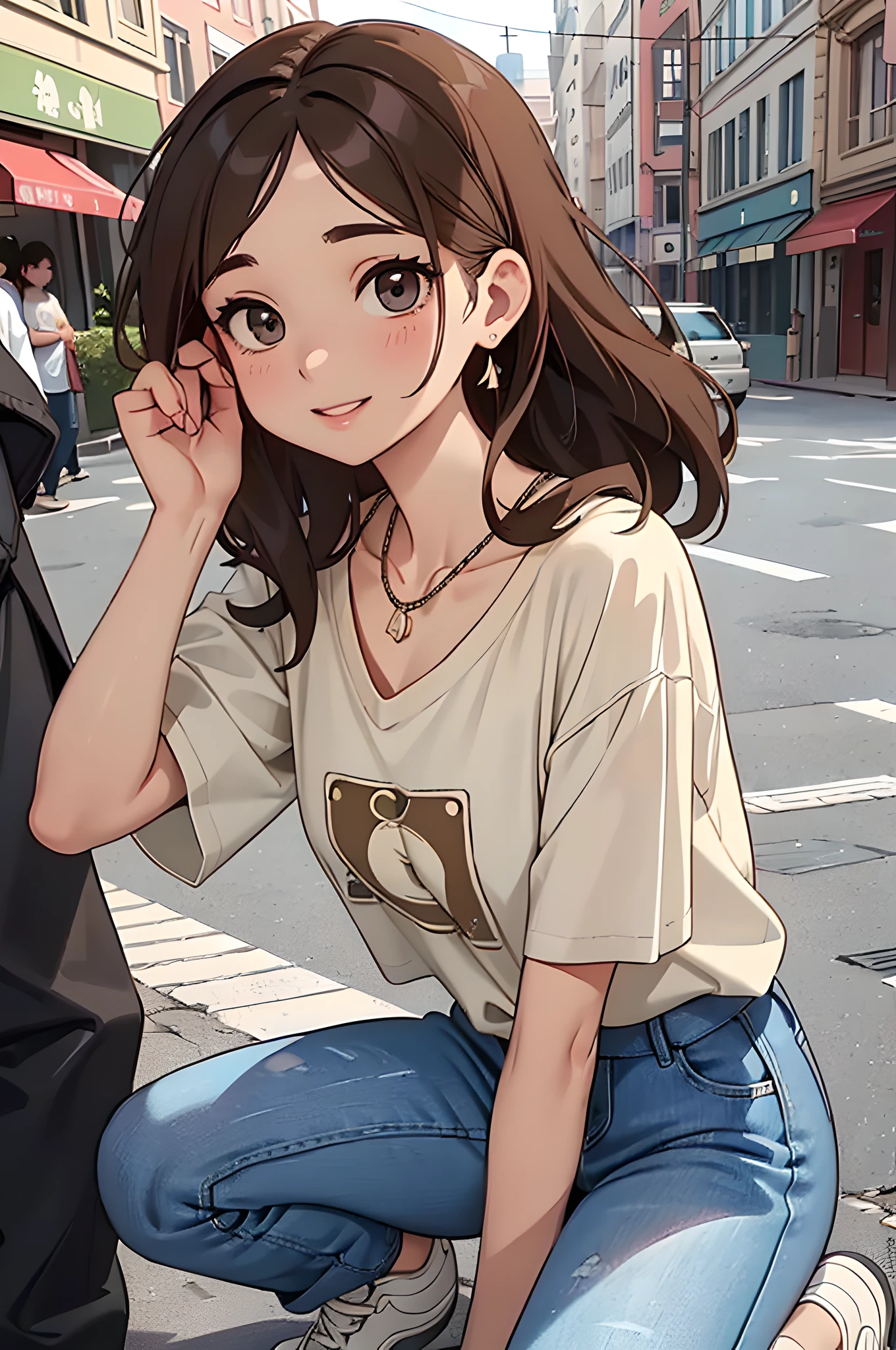 (masterpiece), (portrait), (aesthetic), (beautiful), (upper blody), (high quality), (aesthetic clothings), (professional angle), (rule of thirds), (Feminine), (woman), (female), (beautiful),(feminine features), (25 years), solo, 1 woman, (attractive Argentine), Spring, Soft light, (Relaxed), Natural Makeup, (Average bust), ((holding a -)), (Slightly tilted face), (Smiling expression), ((Happiness)), Dainty necklace, -, ((Medium hair)), (Brown hair), (Loose waves hair), (Wavy hair), Natural shine hair, (- in hair), (Brown eyes), (Casual look), (Olive skin), (Dainty necklace clothing), (T-shirt), (Jeans), (Sneakers), (V-neck neckline), ((Urban street background)), (Nobody in background), (Full shot shot), beautiful hands, two hands, normal hands, two arms, complete hands, beautiful body, beautiful fingers, normal fingers, five fingers, five fingers, (Thumb index meddle ring little fingers), beautiful ears, normal ears, beautiful eyes, shiny eyes, beautiful mouth, beautiful lips,
