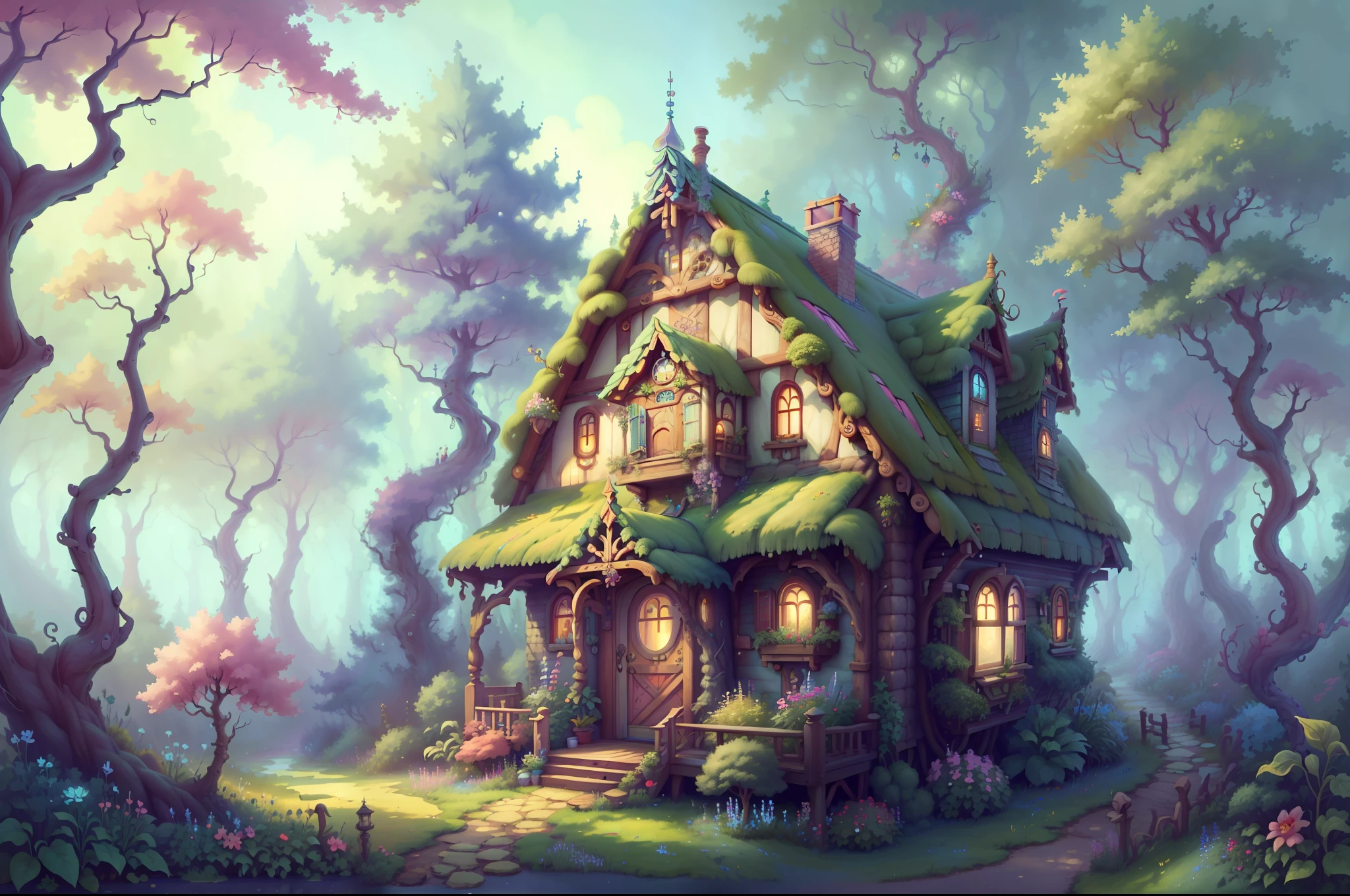 FairyTaleAI  masterpiece, trending, 8K .cottage was nestled among the trees and surrounded by a beautiful garden filled with colorful flowers.