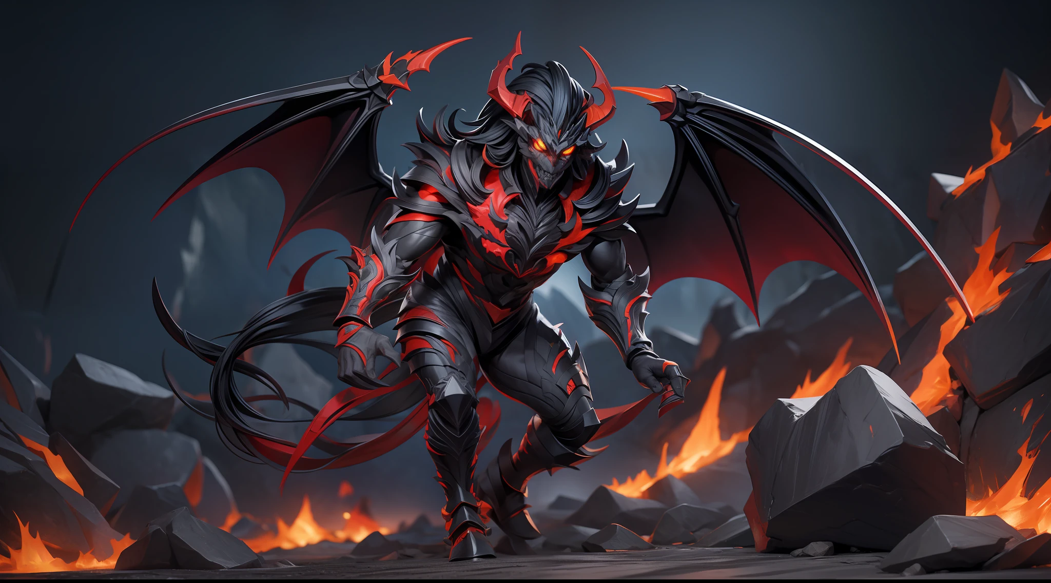 full body picture Unreal Engine 5 8K UHD of demon, upper demon body, lower horse body, fantasy world, demon general, fire breath, black skin with rocks details, magma blood veins, commanding demon minions, black wings with burning effects, shiny orange eyes, demonic face best quality, masterpiece