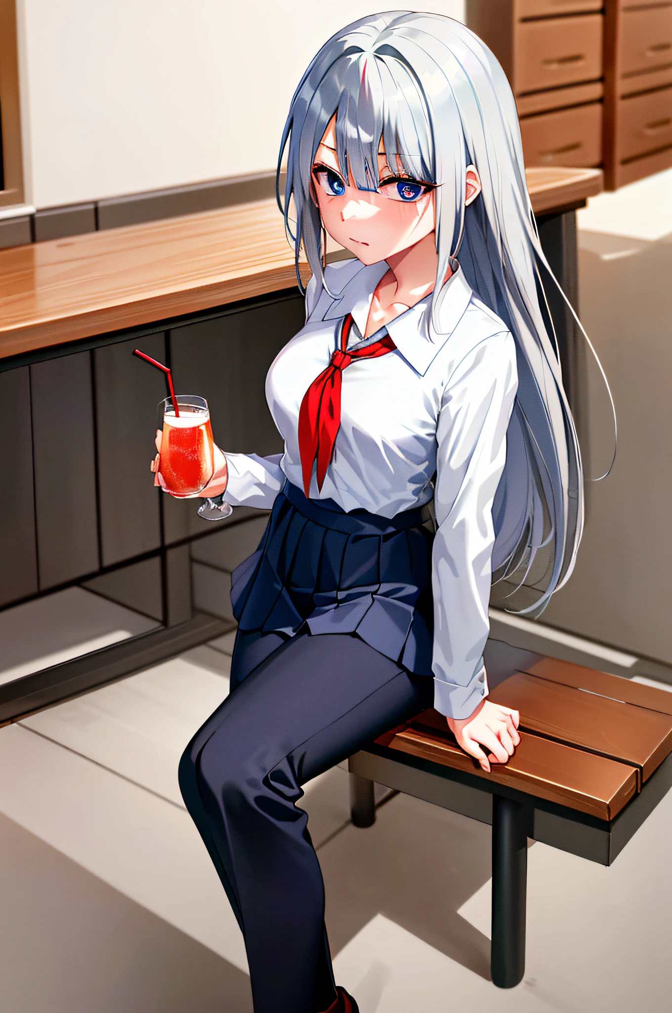 (masterpiece), (best quality), highres, ((((1girl she has gray hair with blue eyes and 1boy he has short black hair with red eyes who are classmates))))), ((((They have different hair colors and eyes do not confuse)))), (draws Kei and kiyotaka ayanokoji looking at each other), (2schoolmates who are Kei and kiyotaka ayanokoji looking at each other), (kei1), (1girl), solo, ((((she has blue eyes)))), (she has long hair), (she wears a school uniform), (she has ribbon), (she has bangs), collarbone, she has gray hair, she has black hair band, she has neck ribbon, hair between her eyes, she has medium breasts, cowboy shot, she is looking seriously at kiyotaka ayanokoji, anatomically correct whole body, is inside a school room, is sitting on a bed with her legs together, full detached scenary, (1boy), (kiyotaka ayanokoji), 15-year-old ager, school uniform white shirt black jacket open jacket red tie long black pants sitting, ((((he has red eyes)))), ((he has short black hair)), anatomically correct whole body, he has a jesus necklace around his neck, normal legs, wears black shoes, (he's looking at Kei1 or the girl), he's sitting in a chair, he's facing Kei, (full detail escenario), (((((They're drinking with a lot of passion and abrazados))))