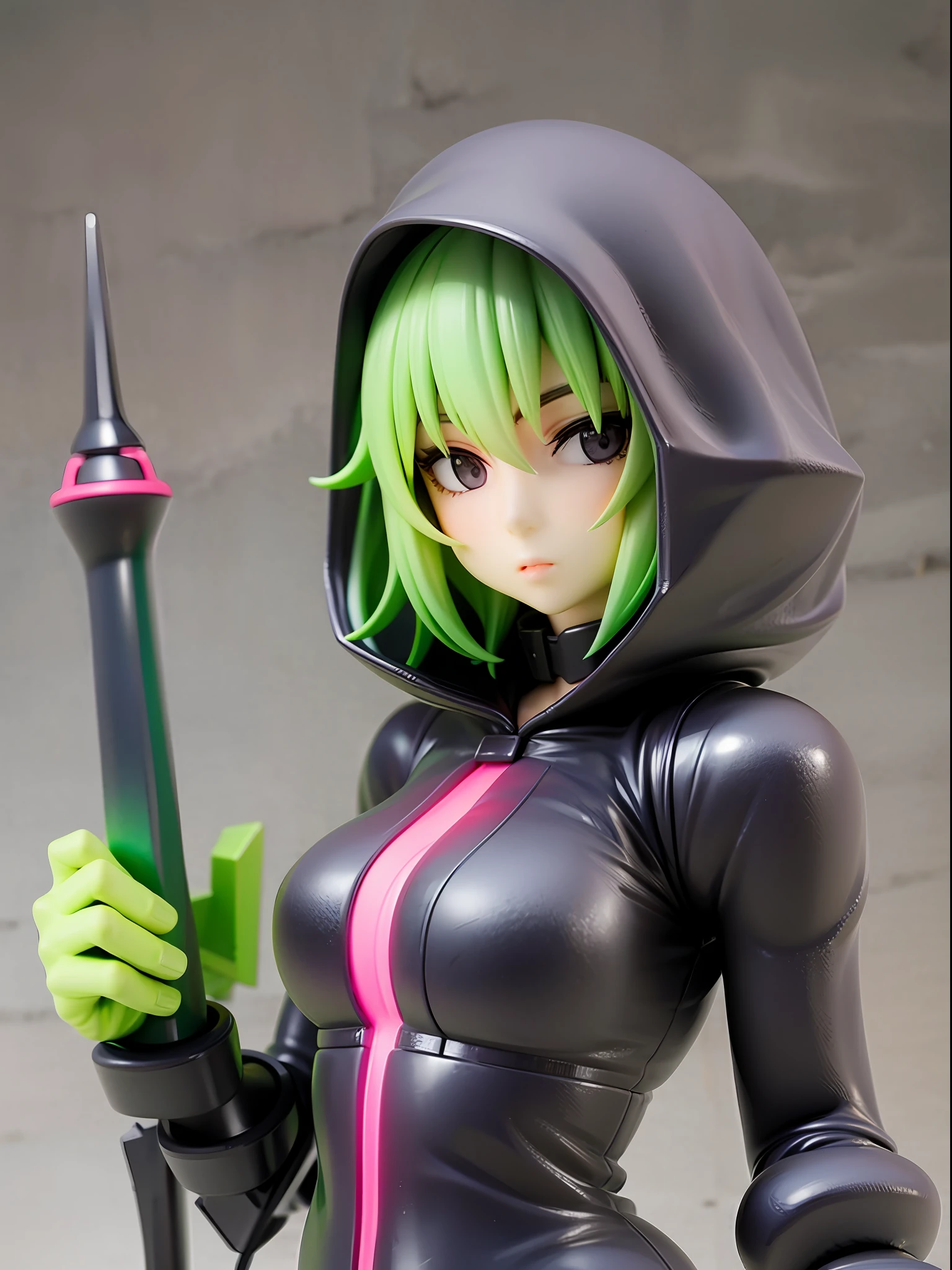 Girl, wearing a hood, neon color, holding a mysterious huge weapon, machine, white background, no background