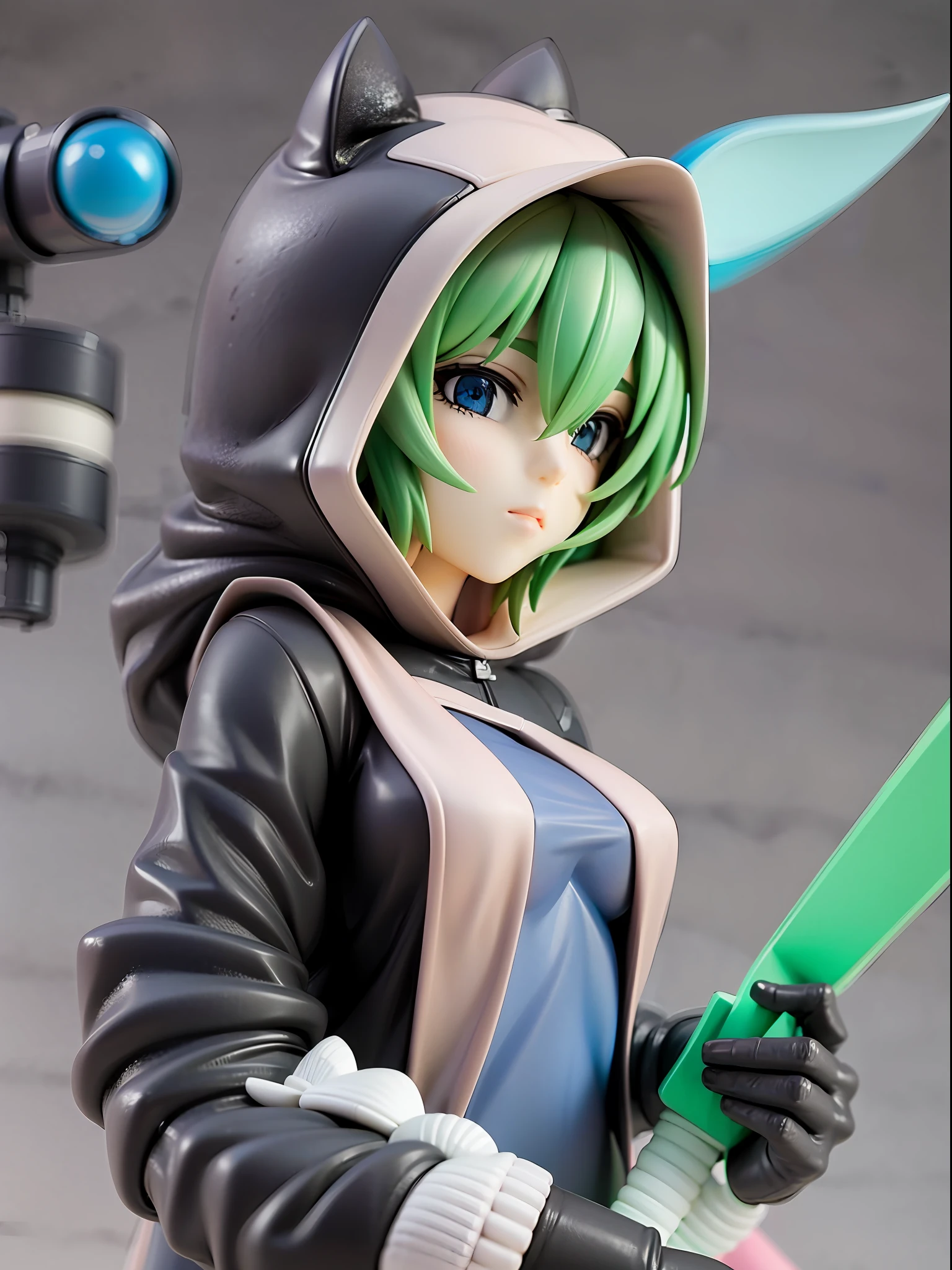 Girl, wearing a hood, neon color, holding a mysterious huge weapon, machine, white background, no background、猫耳、ズームアウト