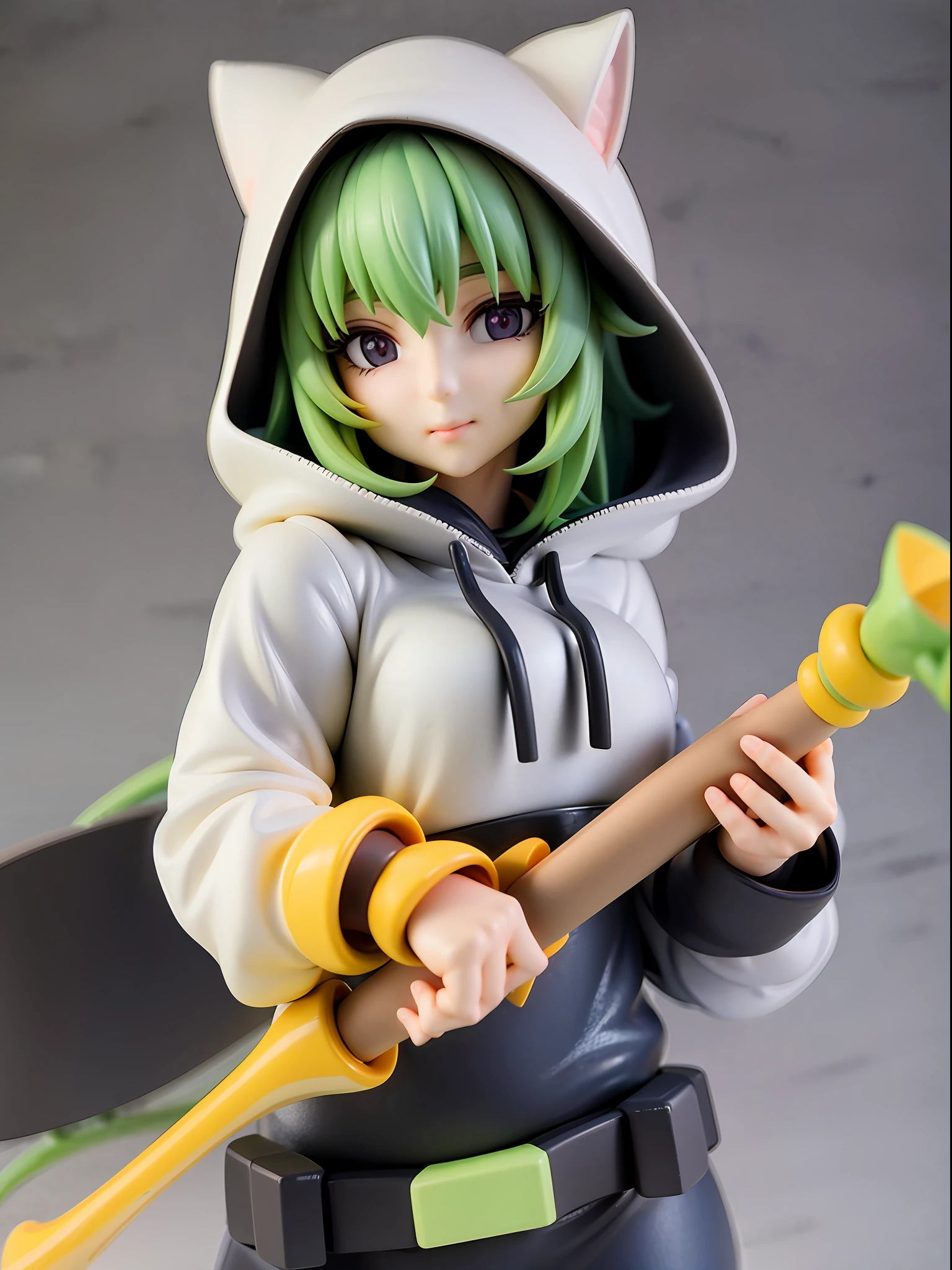 Girl, wearing a hood, neon color, holding a mysterious huge weapon, machine, white background, no background、猫耳、ズームアウト
