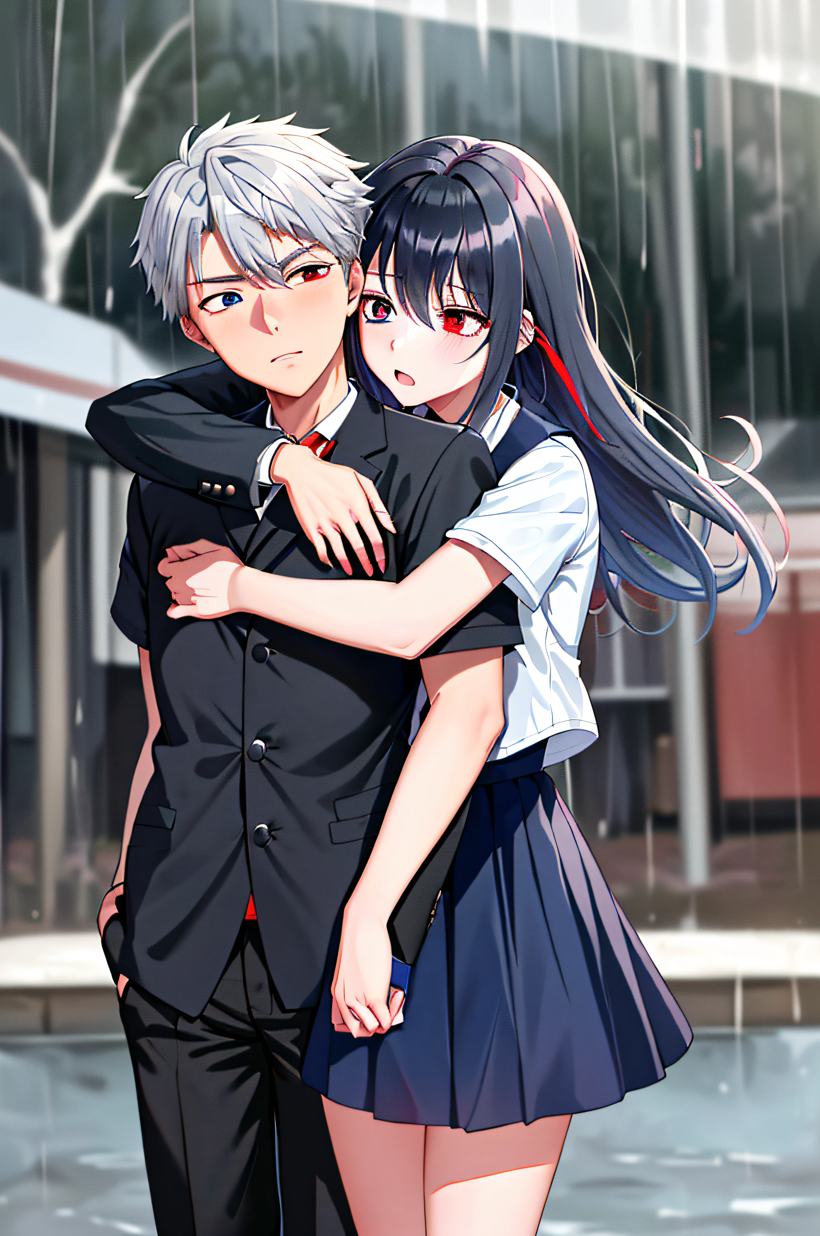 (masterpiece), (best quality), highres, ((((1girl she has gray hair with blue eyes and 1boy he has short black hair with red eyes who are classmates))))), ((((They have different hair colors and eyes do not confuse)))), (draws Kei and kiyotaka ayanokoji looking at each other), (2schoolmates who are Kei and kiyotaka ayanokoji looking at each other), (kei1), (1girl), solo, ((((she has blue eyes)))), (she has long hair), (she wears a school uniform), (she has ribbon), (she has bangs), collarbone, she has gray hair, she has black hair band, she has neck ribbon, hair between her eyes, she has medium breasts, cowboy shot, she is looking seriously at kiyotaka ayanokoji, anatomically correct whole body, is standing in the street with rain falling, this with a sad and worried face, full stubborn detached, (1boy), (kiyotaka ayanokoji), , school uniform white shirt black jacket open jacket red tie long black pants sitting, (((((he has red eyes))))), ((he has short black hair)), whole body anatomically correct, he has a necklace of jesus around his neck, normal legs, wears black shoes, (he's looking at Kei1 or the girl), ((he's in front of kei wanting to give her his black jacket so she doesn't get wet so much)) , is facing Kei, (emotional scene), (mysterious), (detailed full escenario), (((((They're soaking with a lot of passion and hugging))))), ((((They're being wet by the rain along with their clothes))))