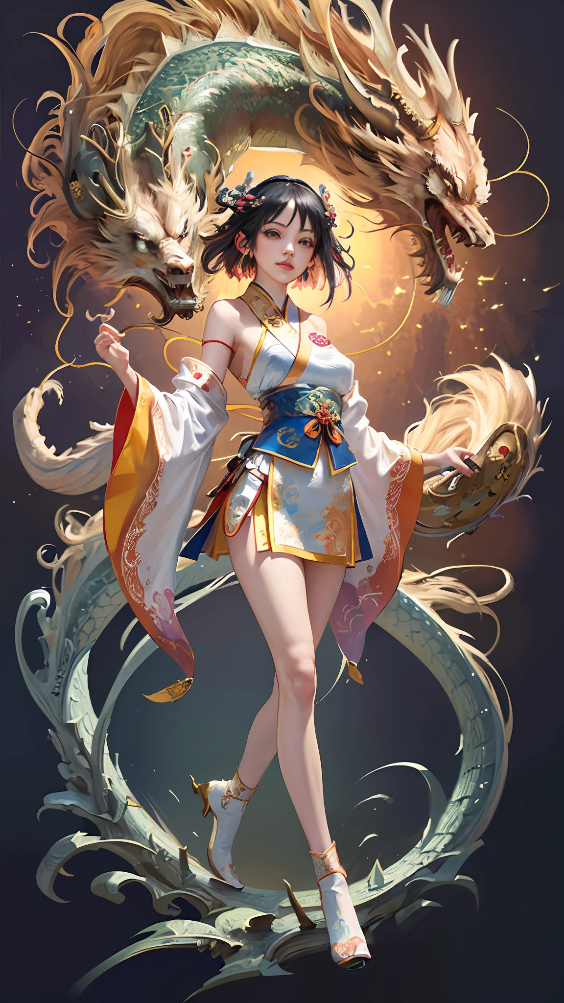 Official Art, Unified 8K Wallpapers, Ultra Detailed, Beautiful and Aesthetic, Masterpiece, Best Quality, (Zentangle, Tangle, Entangle), (fractal art: 1.4), 1girl, black hair, Chinese, bare shoulders, short skirt, calf, navel, very detailed, dynamic angle, cowboyshot, (most beautiful form chaos), flowing, (bright colors), oc, (half: 1.2), china, (thangka flying sky: 1.5), (ribbon: 1.3), (dream: 1.5), (hanfu: 1.5), Chinese dragon, Chinese phoenix, (smile: 0.5), (Chinese deity),