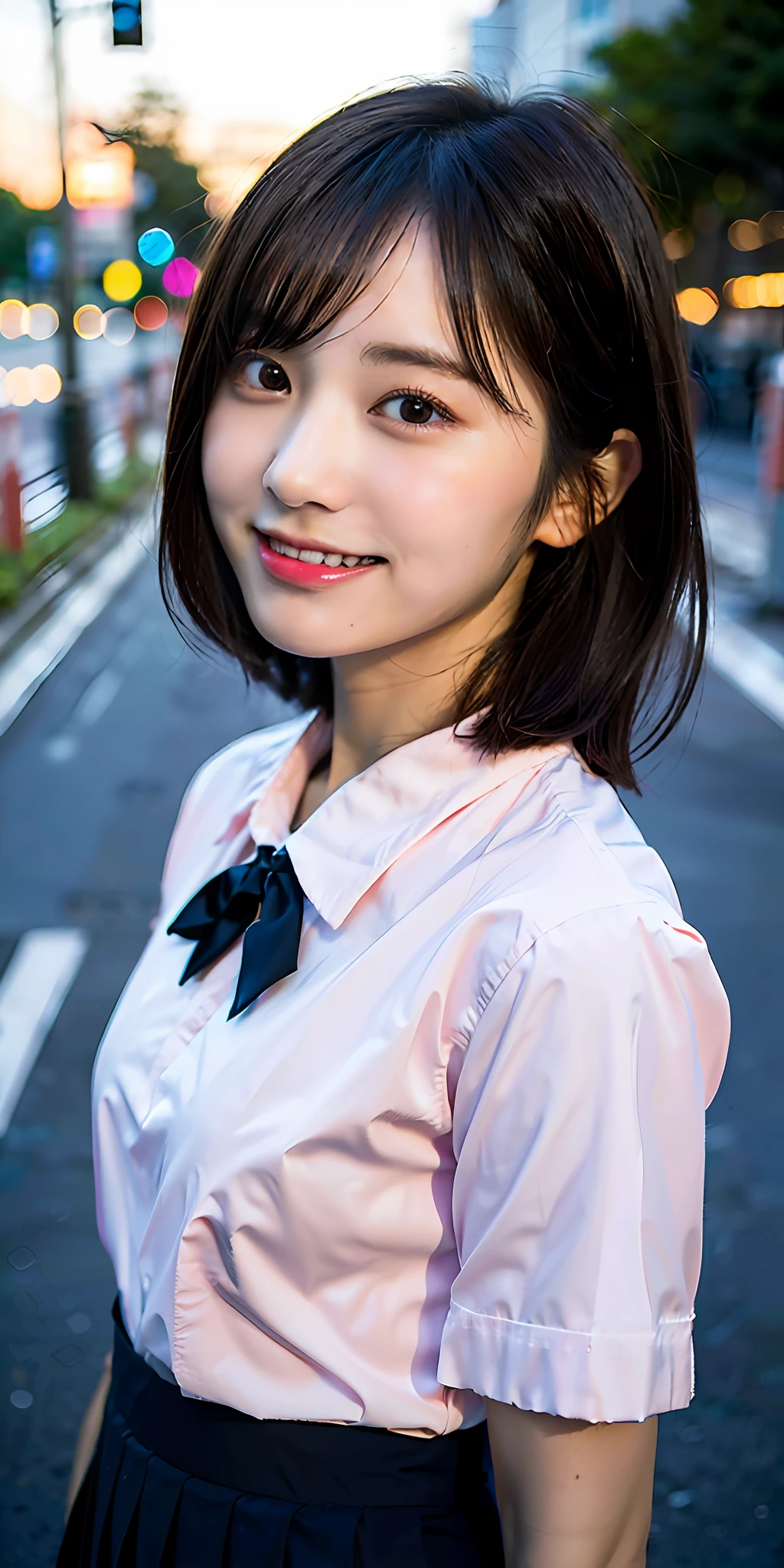 1girl, RAW photo, masterpiece, top quality, high quality, exquisite, 8k, 32k, high resolution, absurdity, (realistic:1.4), (detail clothing:1.2), Japan idol, short messy hair, smile, embarrassing, blush, very cute and beautiful face and eyes, black eyes, small breasts, cute, school, tokyo street, night, cityscape, school uniform