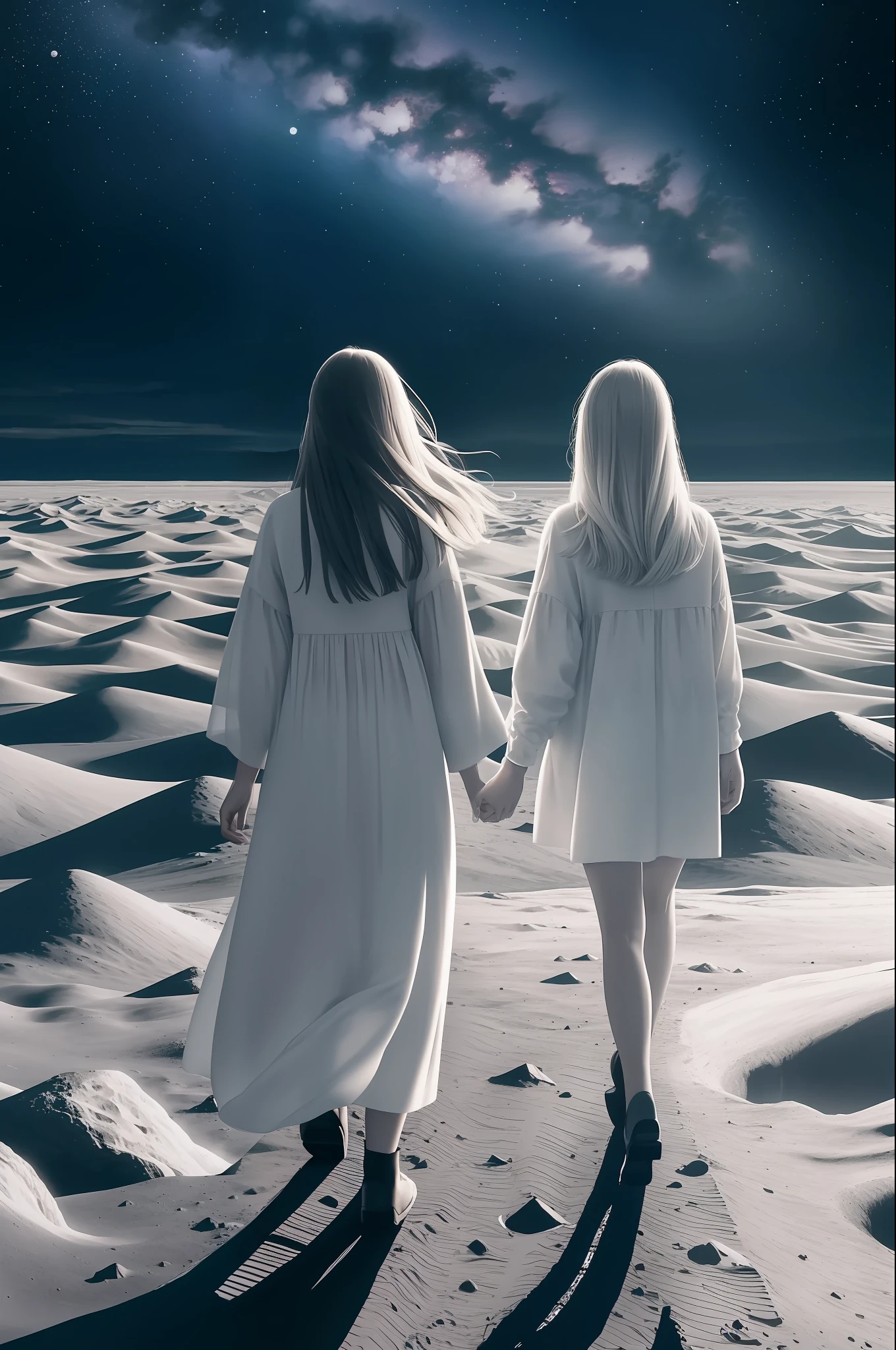 A couple of lovers walking on the moon and contemplating the vast outer space with stars and comets, masterpiece, best quality, ultra-detailed, floating scene, light white clothes, loose hair, lightly embraced air, soft light, melancholic feelings.