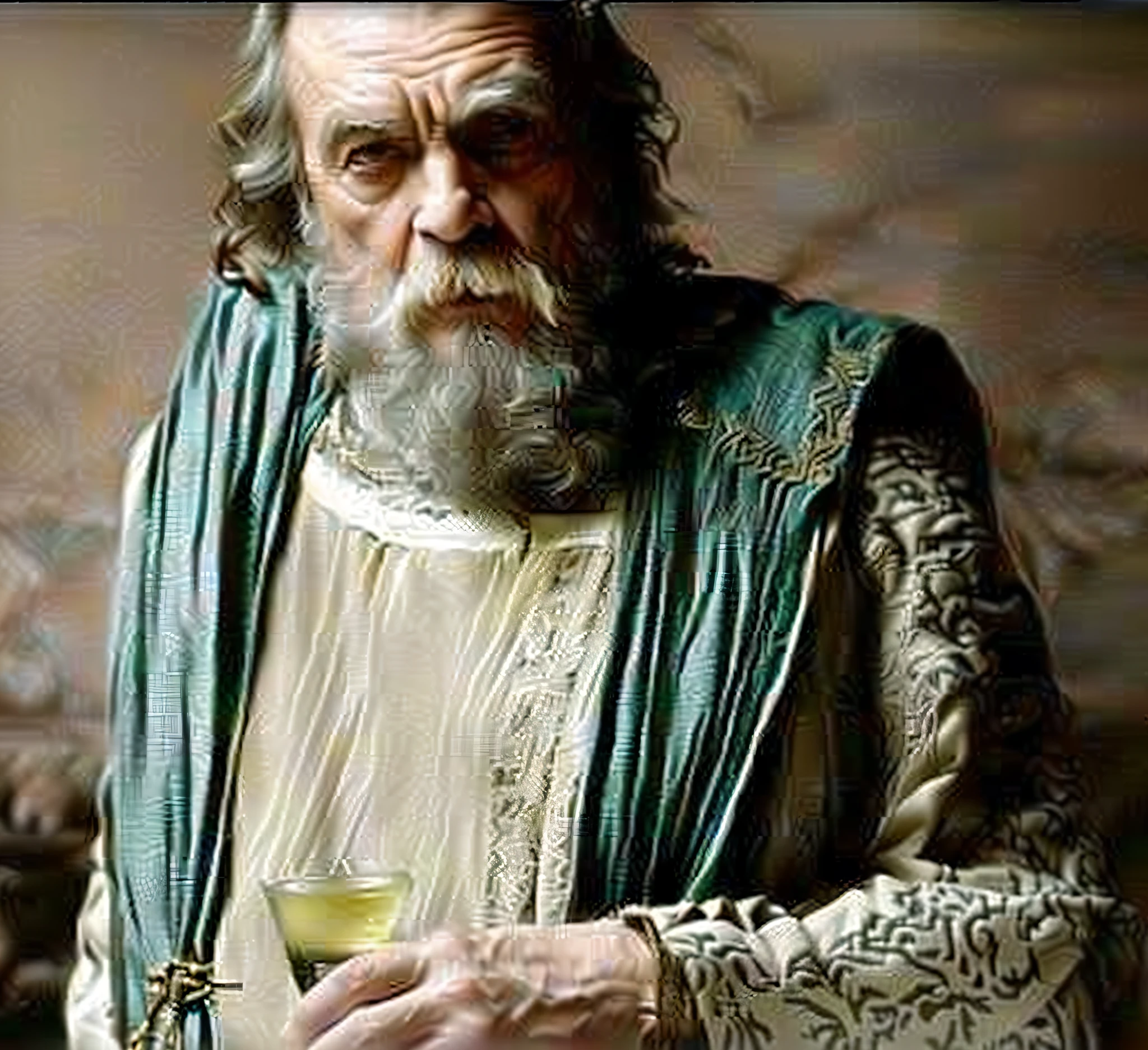 arafed man with a beard and a green robe holding a glass, ron, berberic clothes, wearing gilded robes, oscar, fox, terry gilliam, christopher lloyd as belial, as an atlantean, actor, mead, drama, peter dunham, robert de niro as medieval joker, ivan, sage, old english garb, as a medieval fantasy character --auto --s2