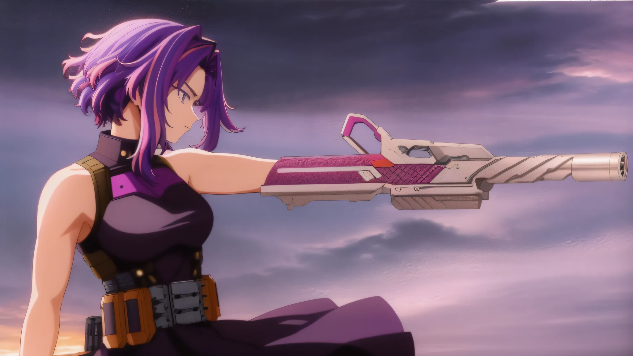 Scan, (Extremely Detailed CG Unit 8k Wallpaper: 1.1), Highres, (1Girl), Lady Nagant, Boku No Hero Academia, (Purple Hair), (Multicolored Hair), (Short Hair), (Purple Eyes), Black Dress, Sleeveless, Breasts, Belt, Side View, Profile View, Extended Arm, Long Gun,