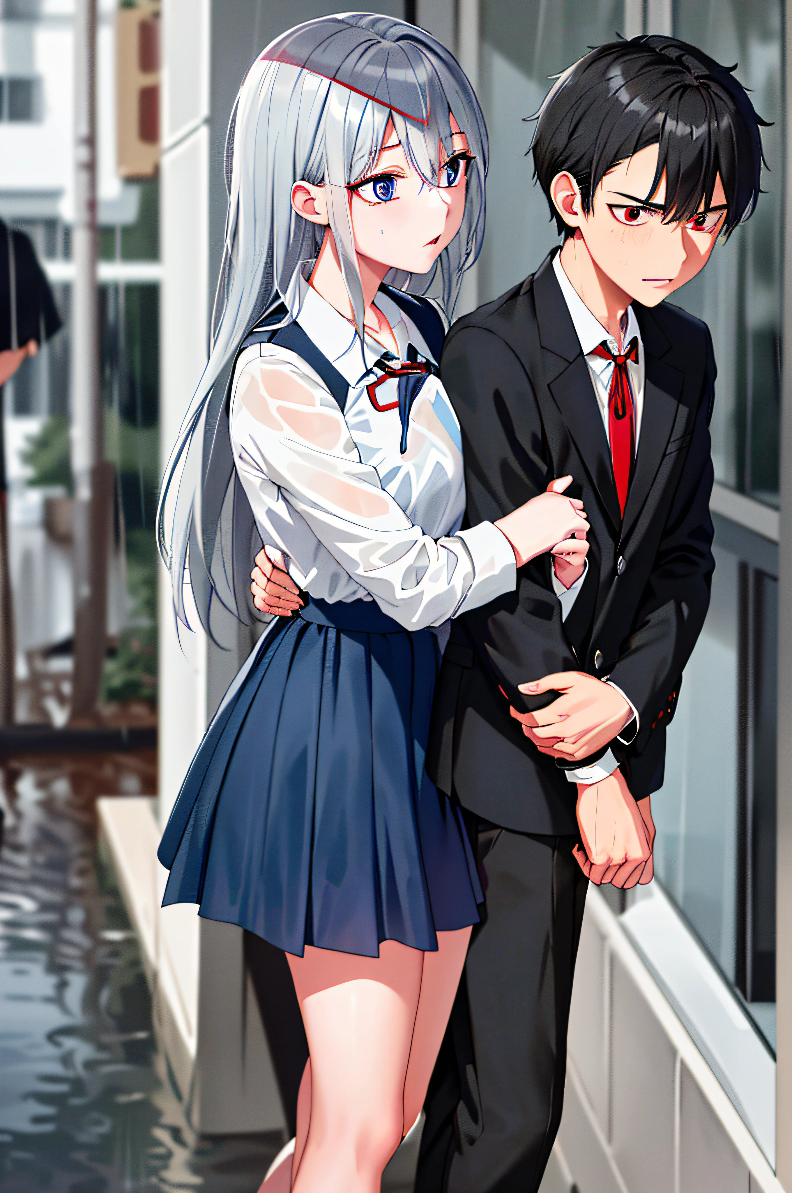 (masterpiece), (best quality), highres, ((((1girl she has gray hair with blue eyes and 1boy he has short black hair with red eyes who are classmates))))), ((((They have different hair colors and eyes do not confuse)))), (draws Kei and kiyotaka ayanokoji looking at each other), (2schoolmates who are Kei and kiyotaka ayanokoji looking at each other),  (kei1), (1girl), solo, ((((she has blue eyes)))), (she has long hair), (she wears a school uniform), (she has ribbon), (she has bangs), collarbone, she has gray hair, she has black hair band, she has neck ribbon, hair between her eyes, she has medium breasts, cowboy shot, she is looking seriously at kiyotaka ayanokoji,  anatomically correct whole body, is standing in the street with rain falling, this with a sad and worried face, full stubborn detached, (1boy), (kiyotaka ayanokoji), 15 year old, school uniform white shirt black jacket open jacket red tie long black pants sitting, (((((he has red eyes))))), ((he has short black hair)), whole body anatomically correct, he has a necklace of jesus around his neck,  normal legs, wears black shoes, (he's looking at Kei1 or the girl), ((he's in front of kei wanting to give her his black jacket so she doesn't get wet so much)) , is facing Kei, (emotional scene), (mysterious), (detailed full escenario), (((((They're soaking with a lot of passion and hugging))))), ((((They're being wet by the rain along with their clothes))))