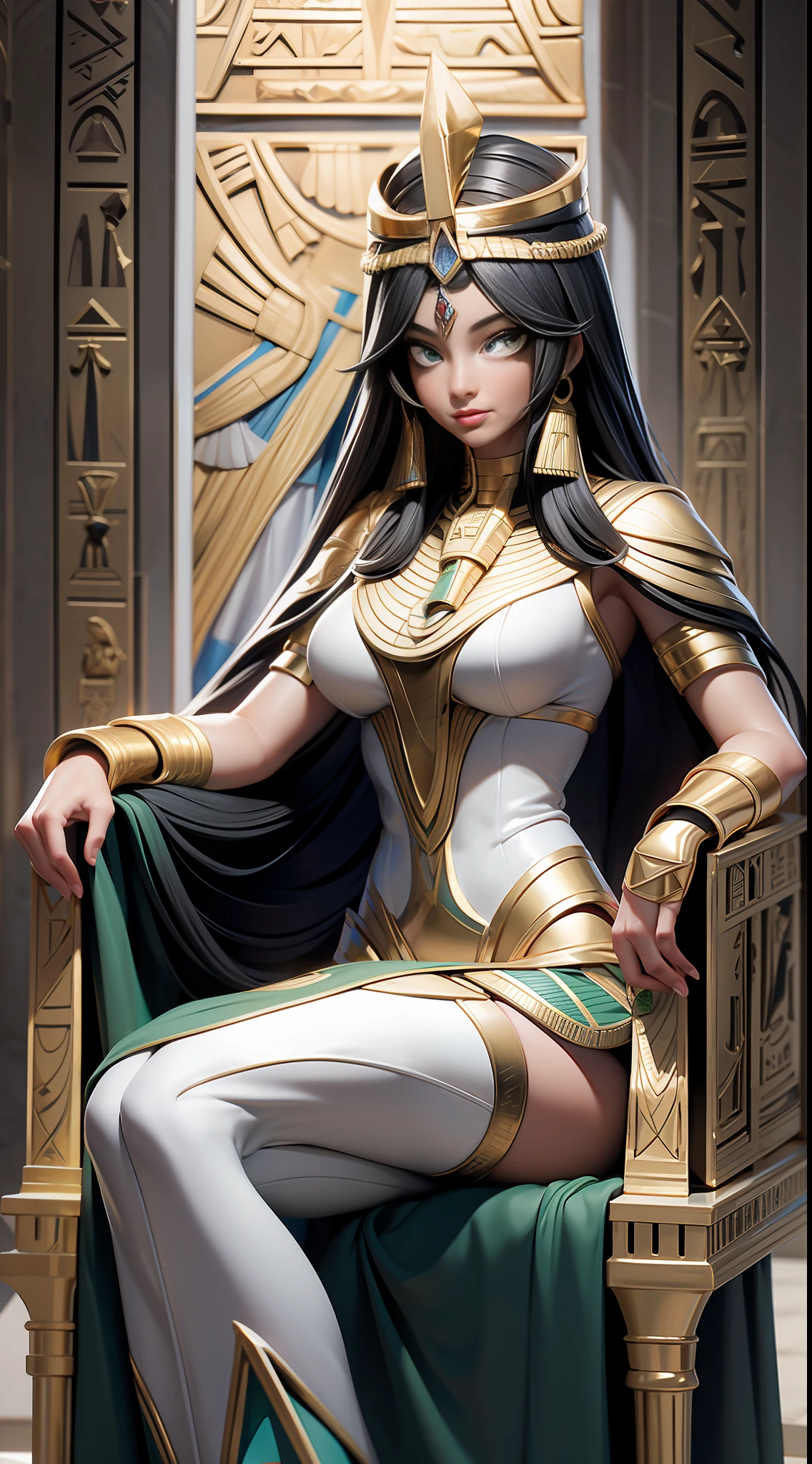 full body picture Unreal Engine 5 8K UHD of beautiful women, mummy, Egyptian goddess, gold accessories, green eyes, Egypt queen,, black long hair, white see-through dress, sitting on the throne, best quality, masterpiece