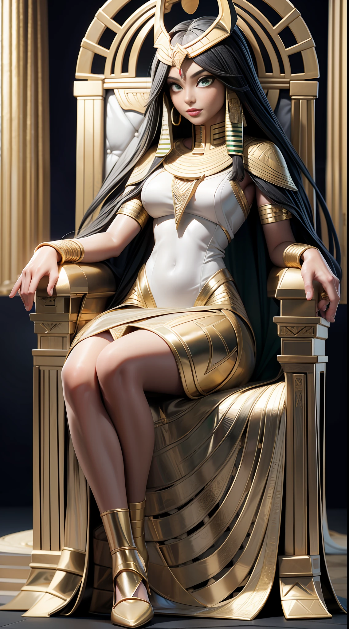 full body picture Unreal Engine 5 8K UHD of beautiful women, mummy, Egyptian goddess, gold accessories, green eyes, Egypt queen,, black long hair, white see-through dress, sitting on the throne, best quality, masterpiece