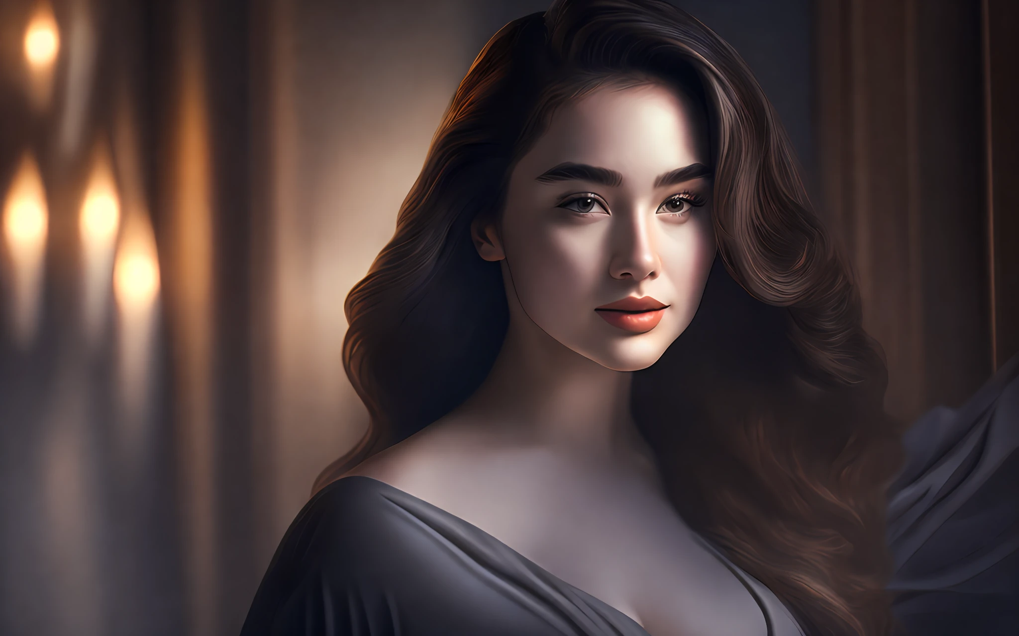 A curvy woman, with pale skin, silky brown hair, in a dark shadowy room, wearing a grey flowing dress,

(thick thighs:1.3),  (wide hips:1.1), HDR, depth of field, bokeh, high quality, 8K, smooth, sharp focus, daylight lighting,  detailed face, hyperrealism, perfect face
