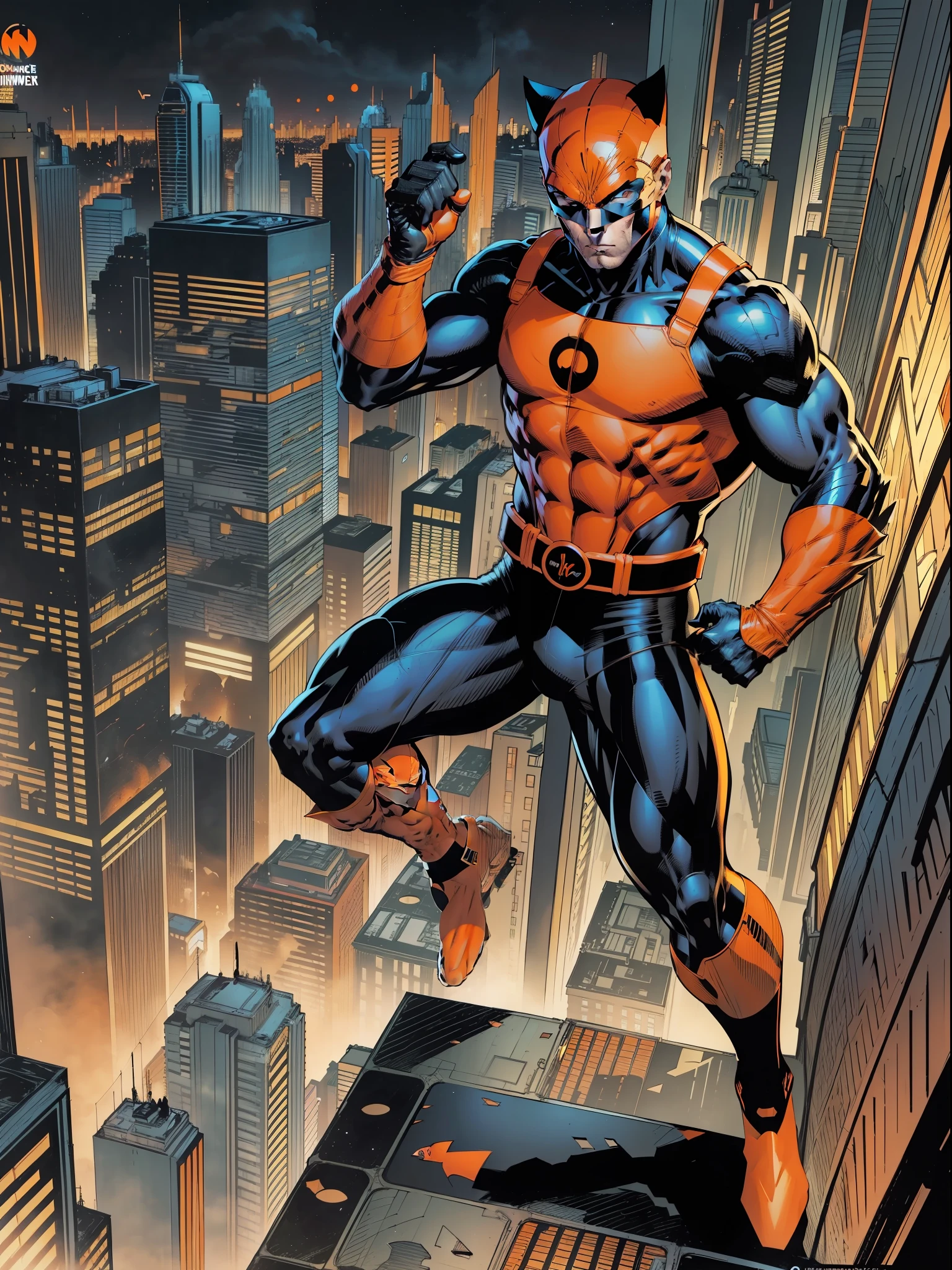 Beautiful man of 22 years, orange mask with feline ears, orange brusa, black long sleeves, orange gloves, black belt, orange and black pants, black shoes, Super Hero, full body character, on top of a building looking at the view, city background, comic book cover
