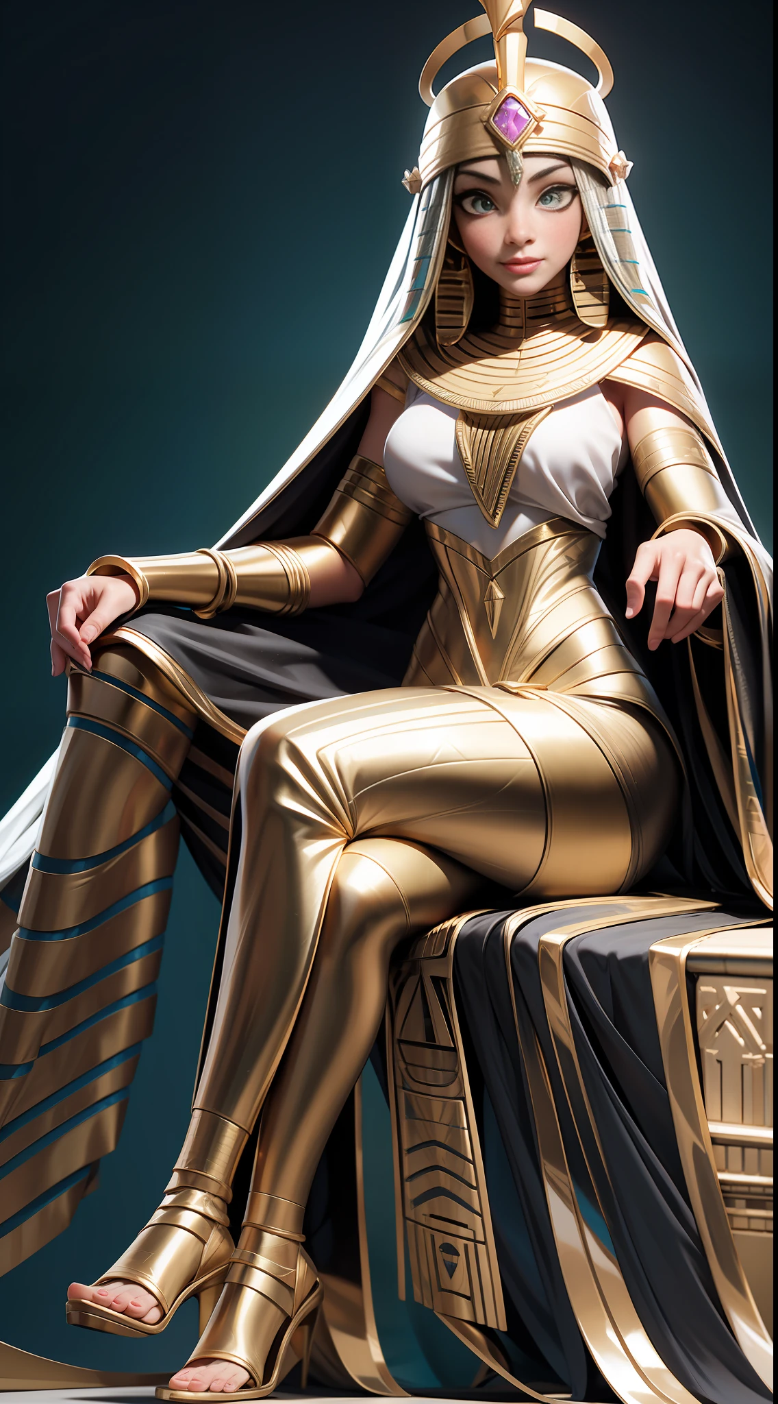 full body picture Unreal Engine 5 8K UHD of beautiful mummy female, mummy, Egyptian goddess, gold accessories, green eyes, Egypt queen,, black long hair, white see-through dress, sitting on the throne, best quality, masterpiece