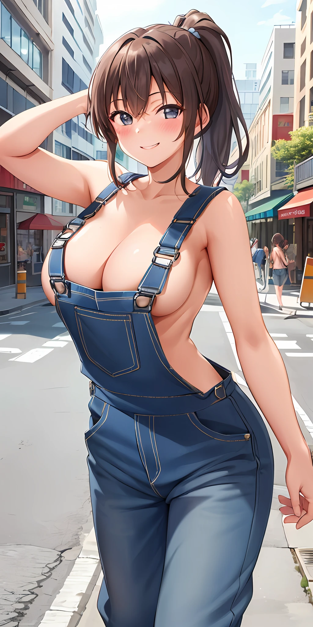 1girl, solo, ponytail, (naked:1.3), (overalls), large breasts, street background, smiling, (blushing:1.2), pov