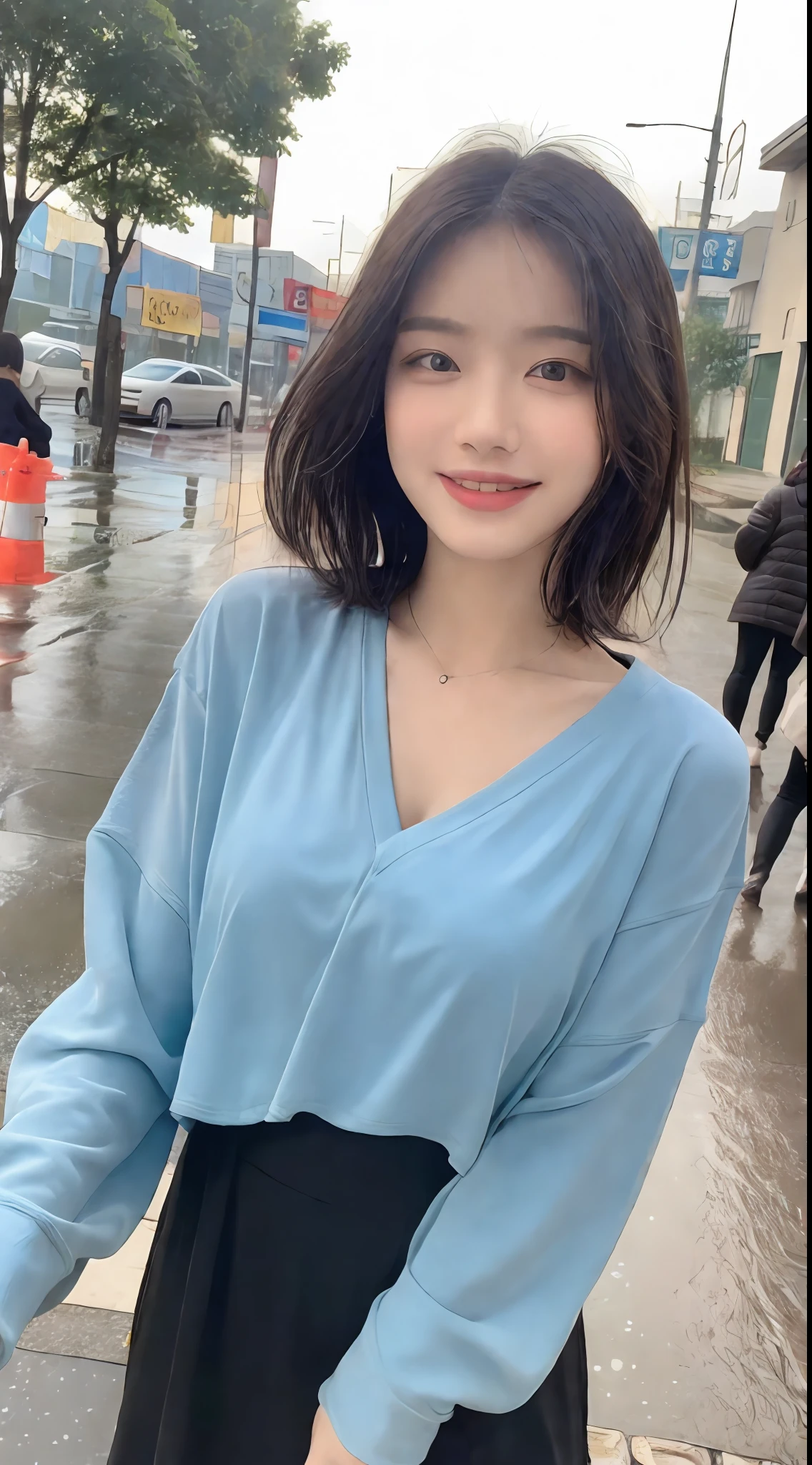 ((Best Quality, 8K, Masterpiece:1.3)), Focus: 1.2, Perfect Body Beauty: 1.4, Buttocks: 1.2, ((Layered Haircut, Breasts: 1.2)), (Wet Clothes: 1.1), (Rain, Street:1.3), Bandeau Dress: 1.1, Highly Detailed Face and Skin Texture, Fine Eyes, Double Eyelids, Whitening Skin, Long Hair, (Shut Up: 1.3), Smile