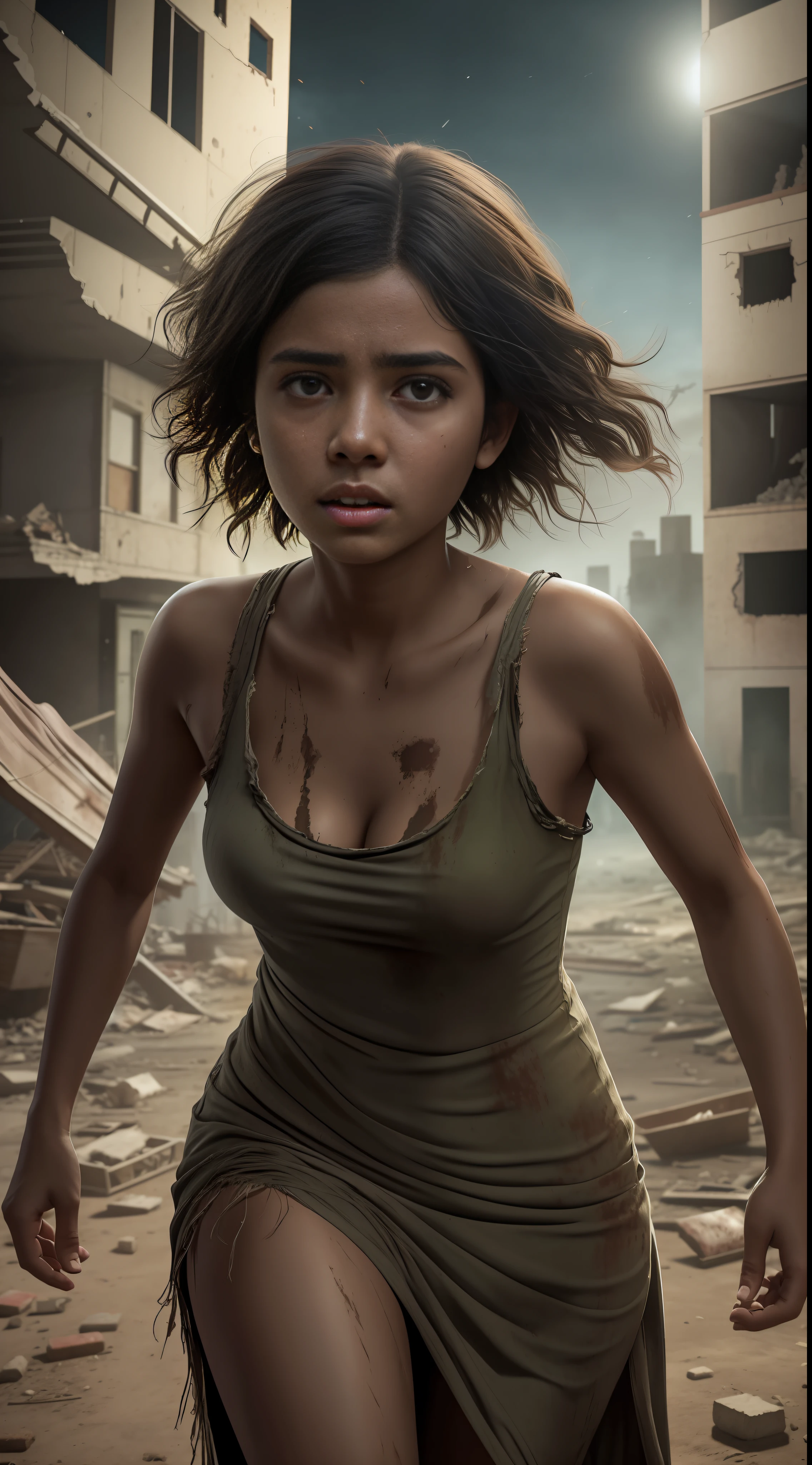 18 year old Mexican girl short hair,long dress torn, running away from zombies in a post apocalyptic building at night in the dark,8k extremely realistic raw photo, angle from bottom to top, surrounded by 3 aggressive zombies