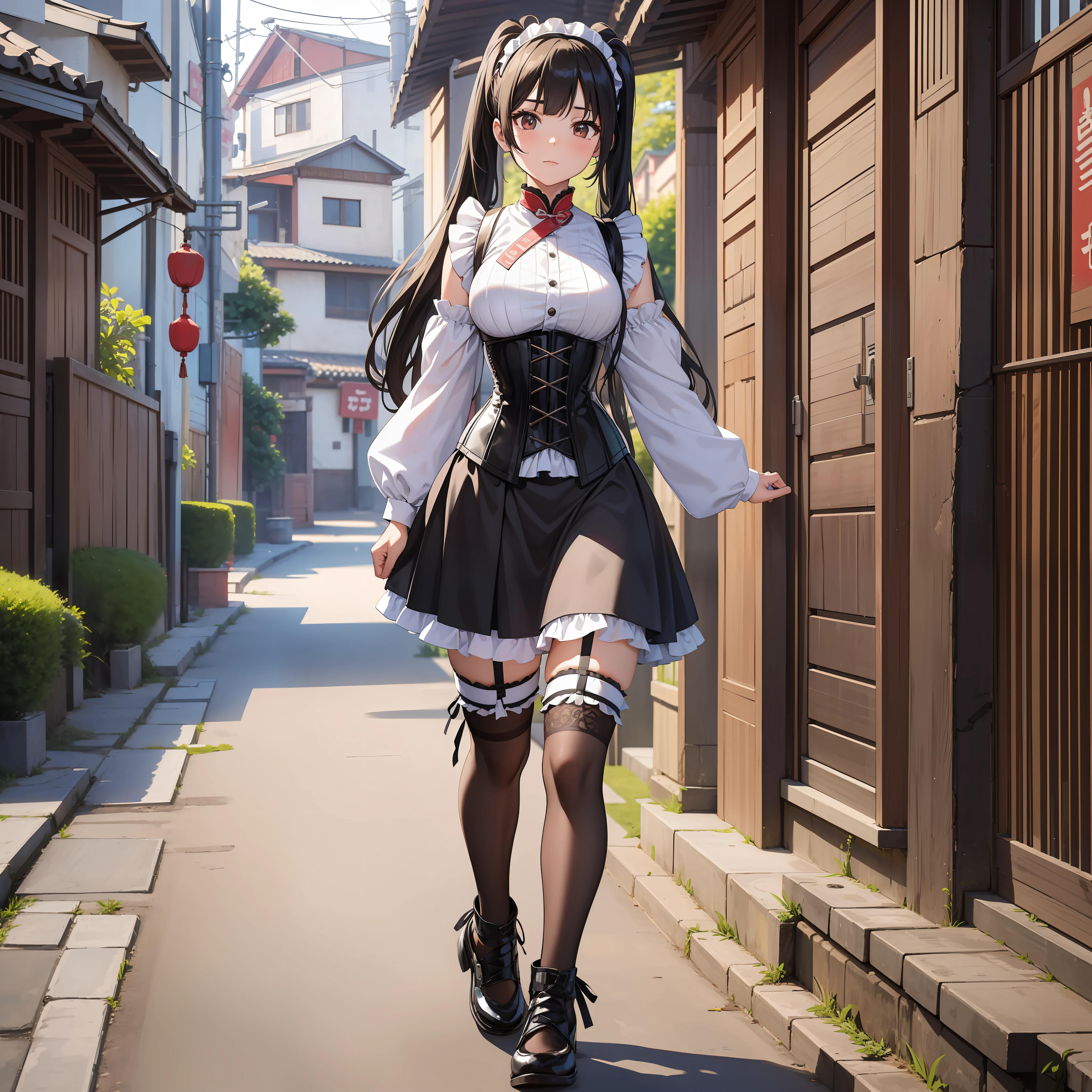 30 years age women, corset maid with headbands, perfect face, Glazed eyes, Long black hair hanging down in two pigtails, Streets in the Chinese countryside, brown eyes, zoom out, full body