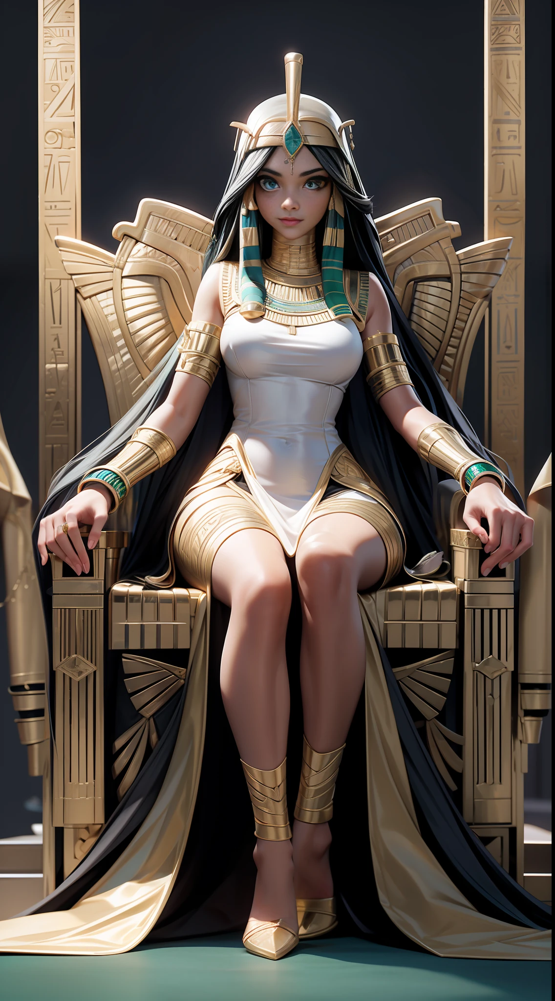 full body picture Unreal Engine 5 8K UHD of beautiful mummy female, mummy, Egyptian goddess, gold accessories, green eyes, Egypt queen,, black long hair, white see-through dress, sitting on the throne, best quality, masterpiece