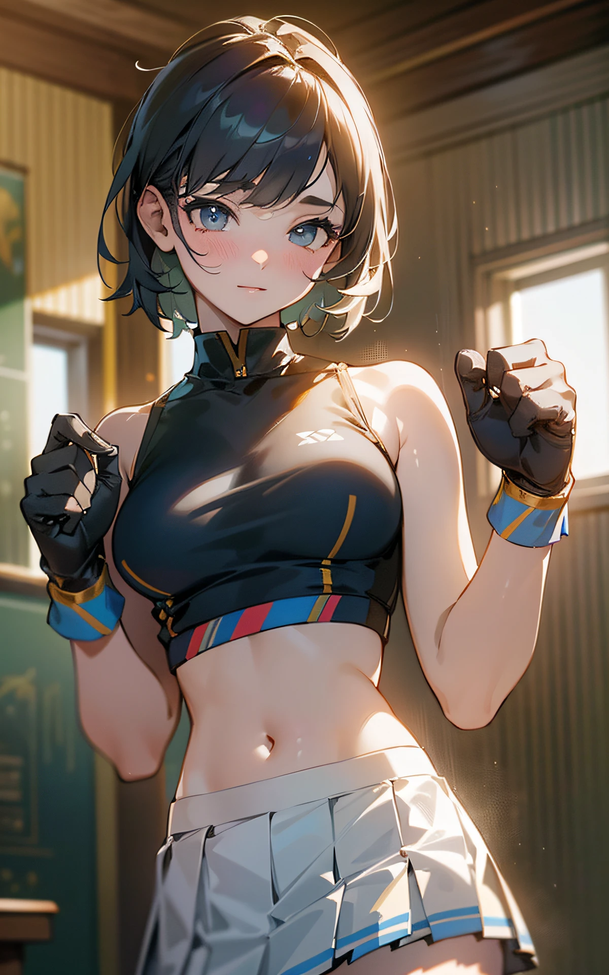 (Original Character、Unity 16K Wallpaper, Masterpiece, Best Quality, Ultra-Detailed, Extremely Detailed CG, Caustics, Cinematic Lighting, Detailed, Beautiful Detailed Eyes, NSFW:1.8, solo、oily skin、18yers old), Ultra High Resolution, fine skin, (cheerleader, clothes writing, crop top, sleeveless shirt, midriff, miniskirt, pleated skirt), (strong light)、((brighten the subject))
