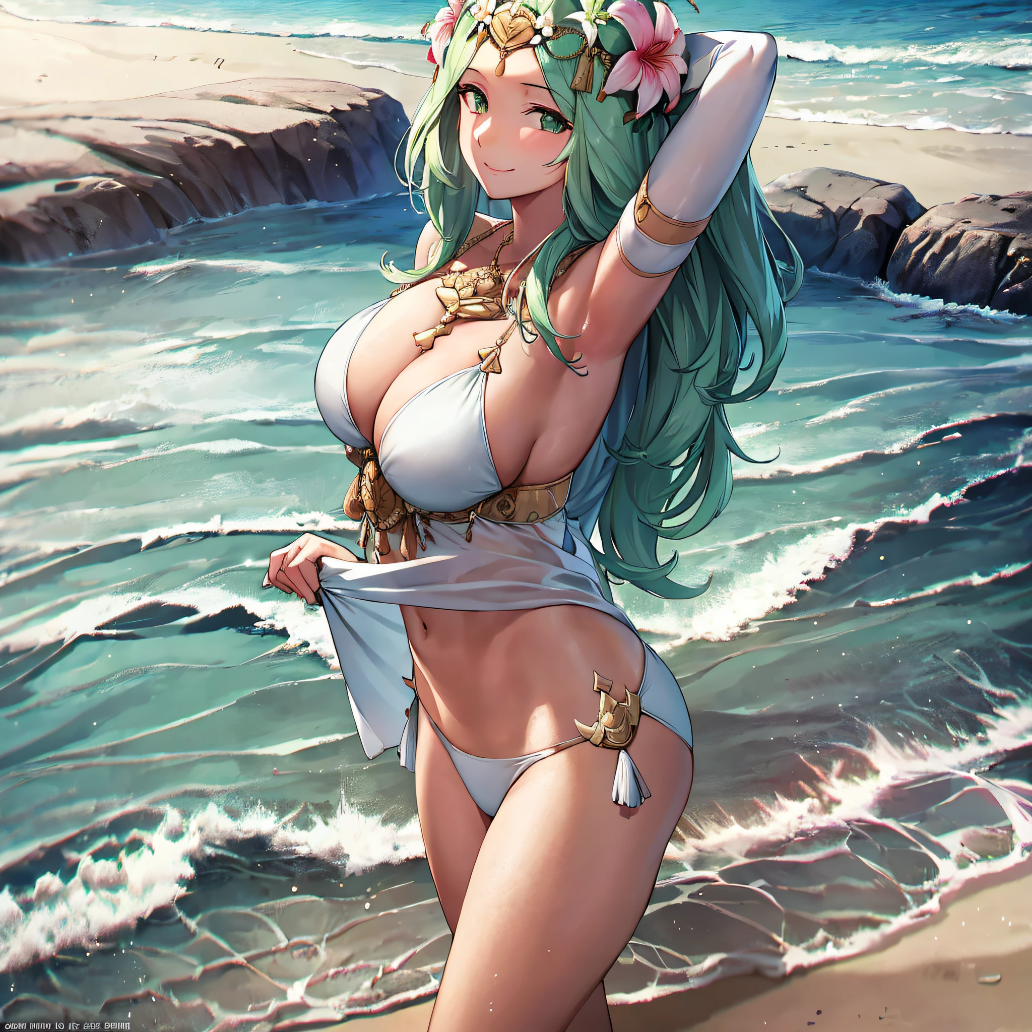 masterpiece, ultra high quality cg, anime, best quality, perfect image, solo, on the beach, ocean in view, smile, rhea, white bikini, hair flower, large breasts,