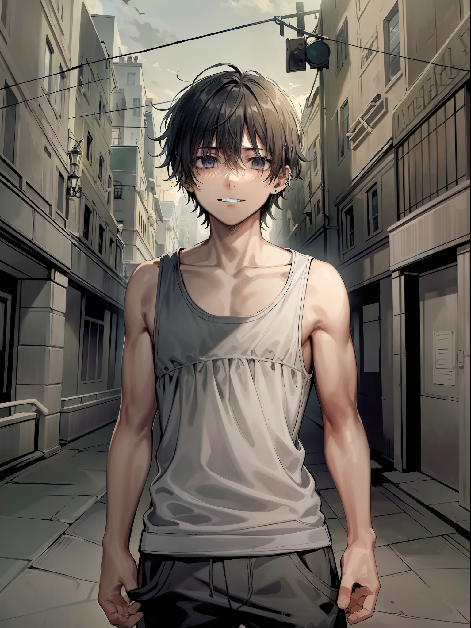 1boy, ({Male}):1.5 boy with dark, piercing black eyes, which seem to reveal deep mysteries. He wears a dark black tank top with his baggy pants, contrasting with his pale skin. Her hair is dark black, with white tips that give a unique touch to her look. His teeth, slightly sharp, give it an enigmatic look. His tired look is evident, as are the dark circles that highlight his exhausted appearance. A light, mocking smile appears on his lips, revealing a touch of malice. His feet are barefoot, connecting him to the urban and abandoned environment around him. The scenery is dark, with crumbling buildings and shadows that evoke a mysterious and dark atmosphere.