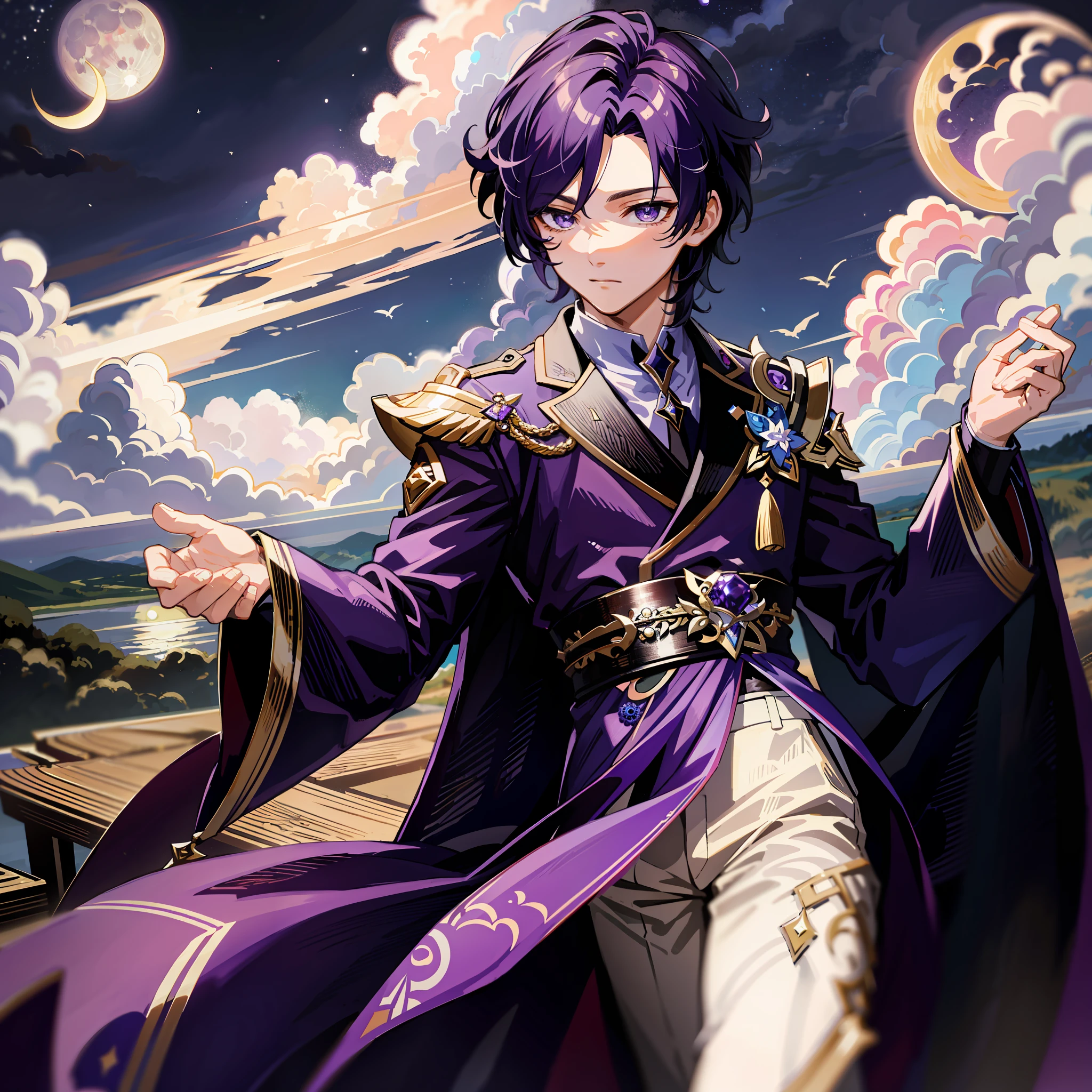 Masterpiece, HD, good quality, perfect eyes hands and hair, boy, Harpy, purple, clouds, moon night, genshin Impact, flying