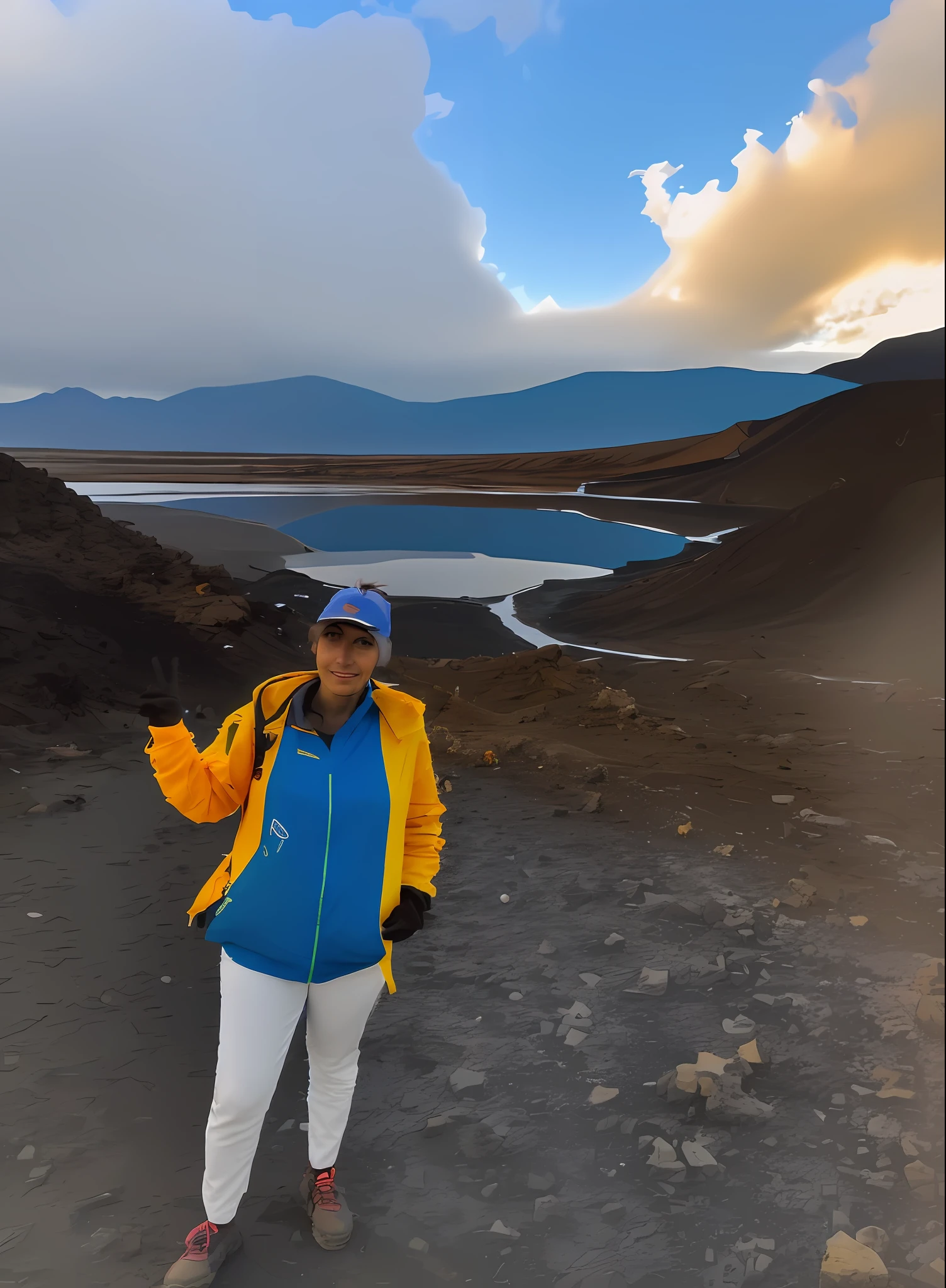 arafed woman standing on a dirt road in front of a lake, in volcano, photo taken in 2 0 2 0, profile image, with mountains in the background, standing close to volcano, at a volcano, in a volcano, andes, amazing view, with mountains in background, in mountains, standing in front of a mountain, in the mountains