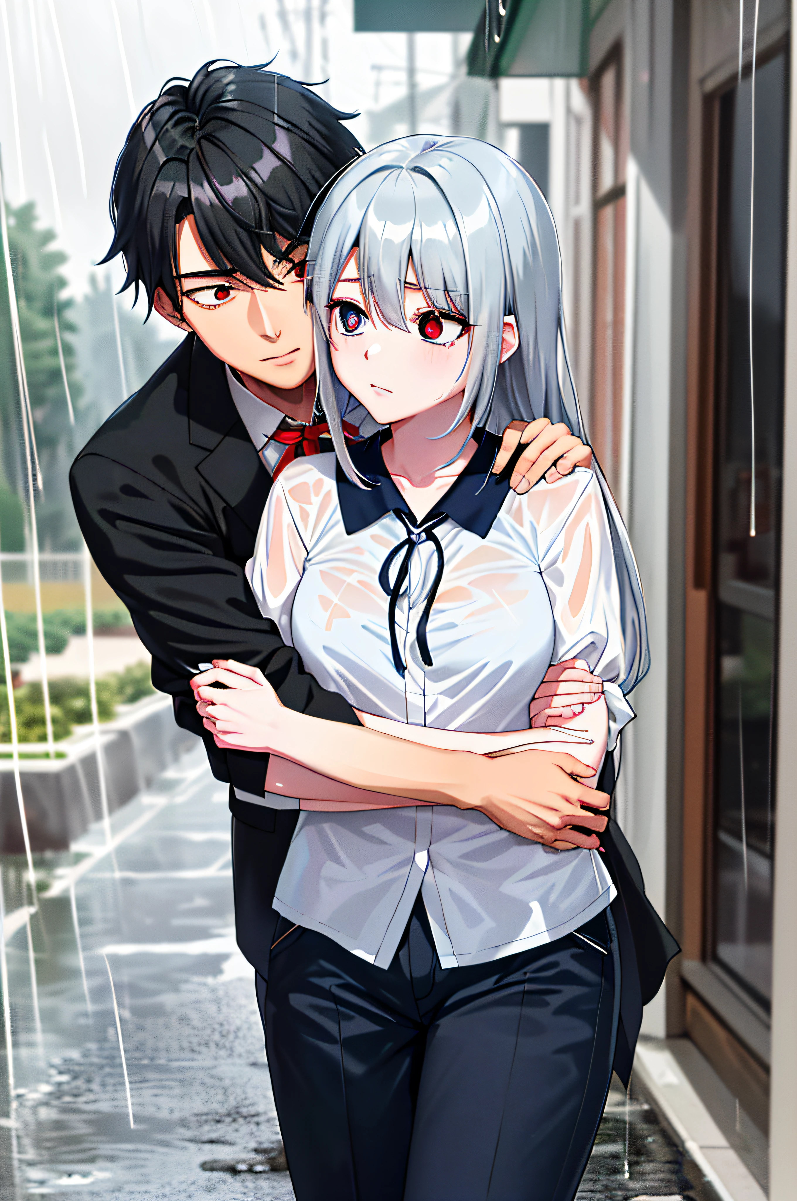 (masterpiece), (best quality), highres, ((((1girl she has gray hair with blue eyes and 1boy he has short black hair with red eyes who are classmates))))), ((((They have different hair colors and eyes do not confuse)))), (draws Kei and kiyotaka ayanokoji looking at each other), (2schoolmates who are Kei and kiyotaka ayanokoji looking at each other), (kei1), (1girl), solo, ((((she has blue eyes)))), (she has long hair), (she wears a school uniform), ((she has ribbon)), ((she has bangs)), collarbone, she has gray hair, (she has black hair band), she has neck ribbon, hair between her eyes, she has medium breasts, cowboy shot, she is looking seriously at kiyotaka ayanokoji, anatomically correct whole body, is standing in the street with rain falling, this with a sad and worried face, full stubborn detached, (1boy), (kiyotaka ayanokoji), 15 year old, school uniform white shirt black jacket open jacket red tie long black pants sitting, (((((he has red eyes))))), ((he has short black hair)), whole body anatomically correct, he has a necklace of jesus around his neck, normal legs, wears black shoes, (he's looking at Kei1 or the girl), ((he's in front of kei wanting to give her his black jacket so she doesn't get wet so much)) , is facing Kei, (emotional scene), (mysterious), (detailed full escenario), (((((They're soaking with a lot of passion and hugging))))), ((((They're being wet by the rain along with their clothes))))